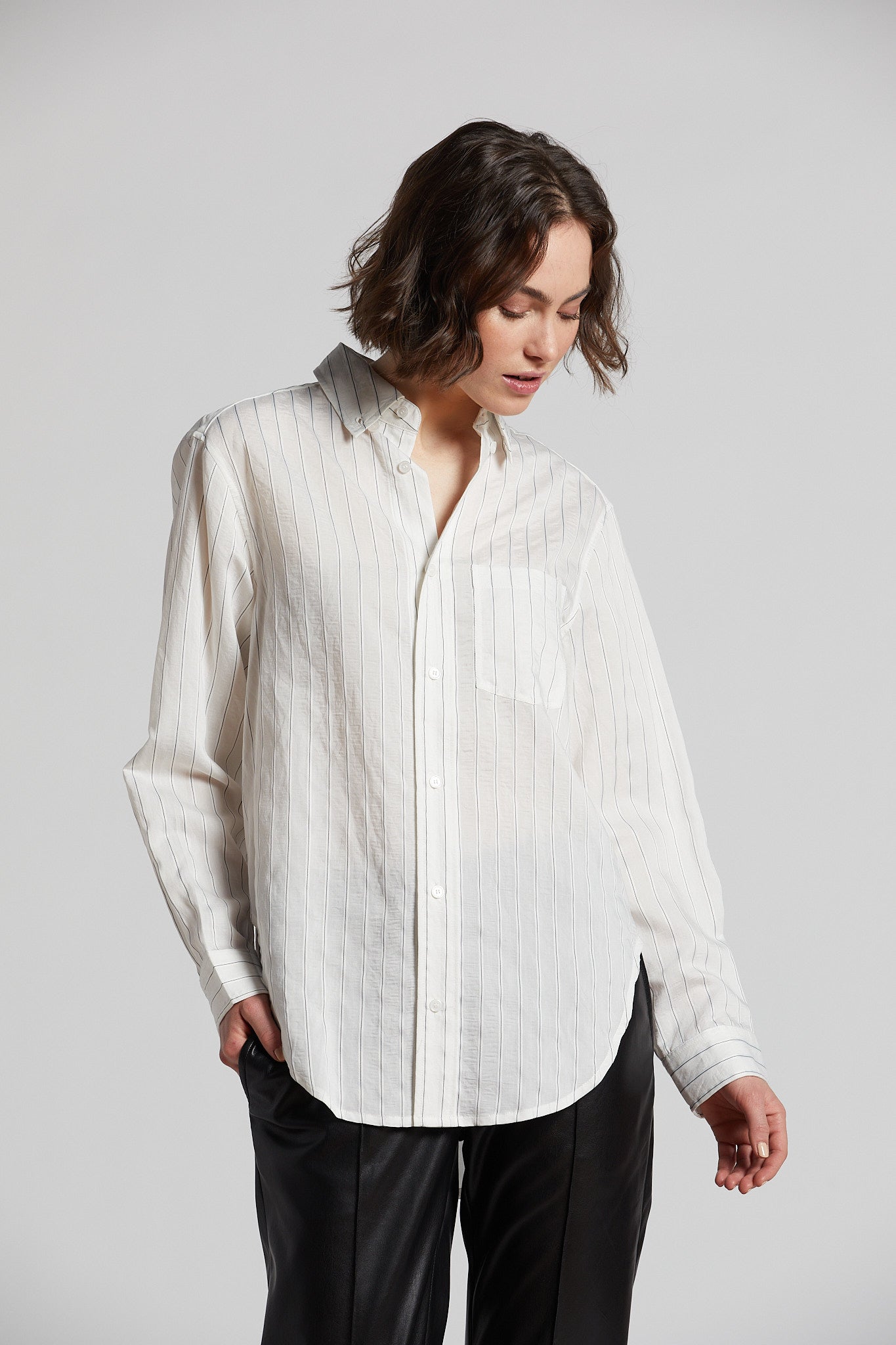Kean boyfriend cut thin striped button down shirt