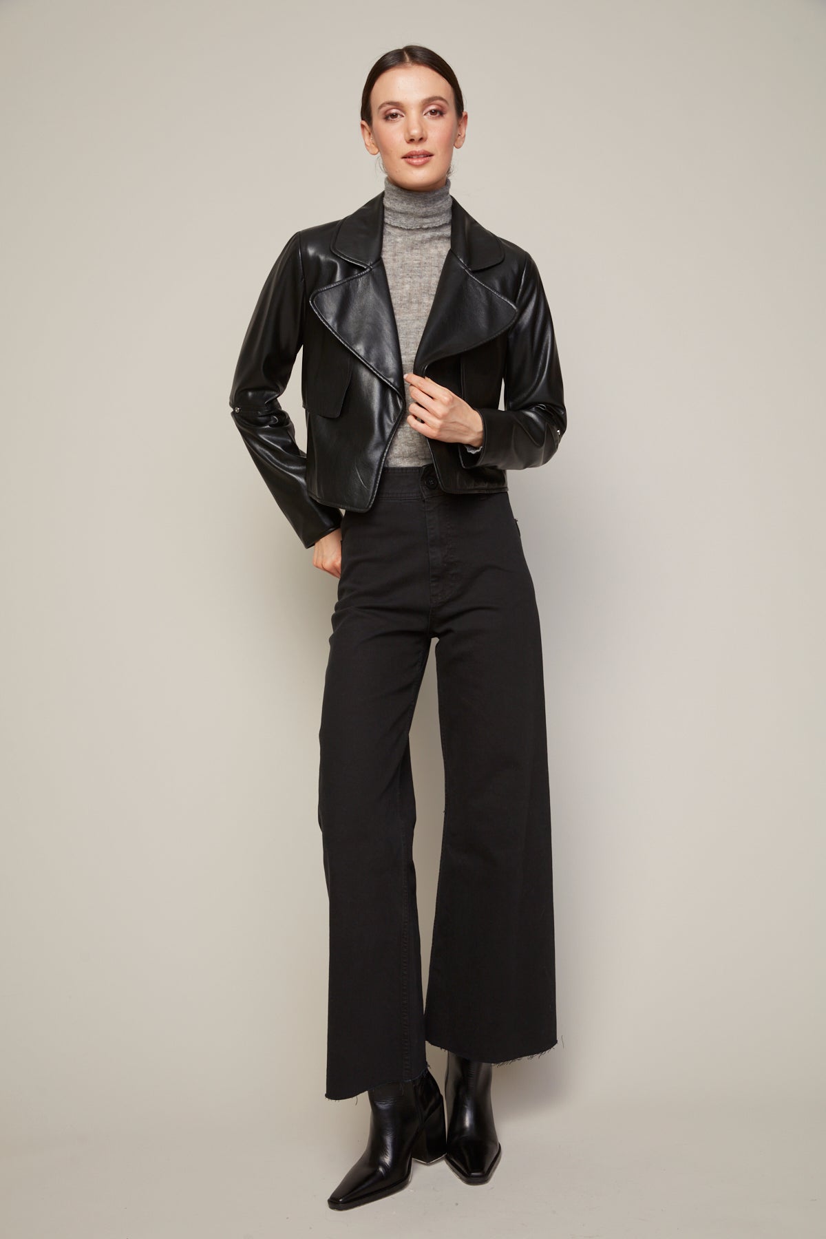 Ninon short stretch vegan leather open front jacket