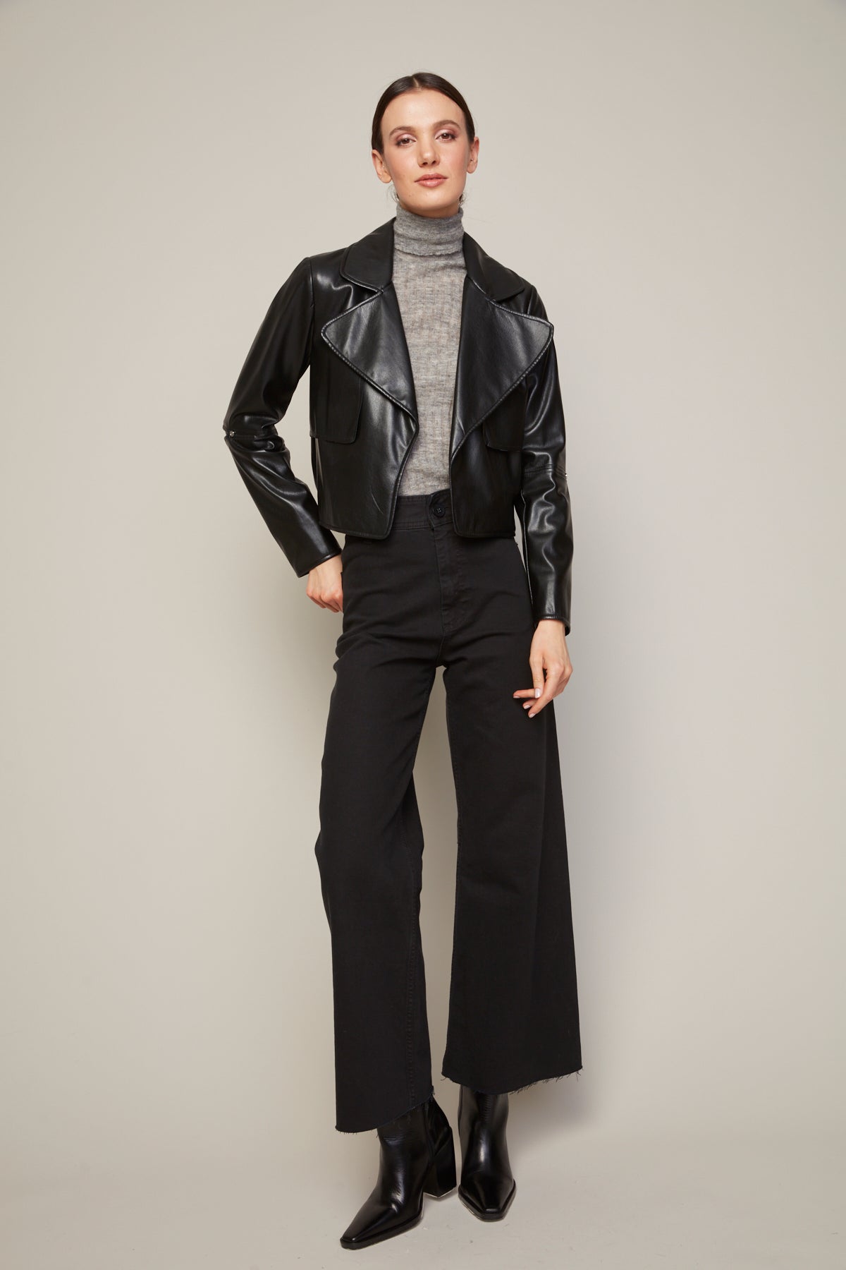 Ninon short stretch vegan leather open front jacket