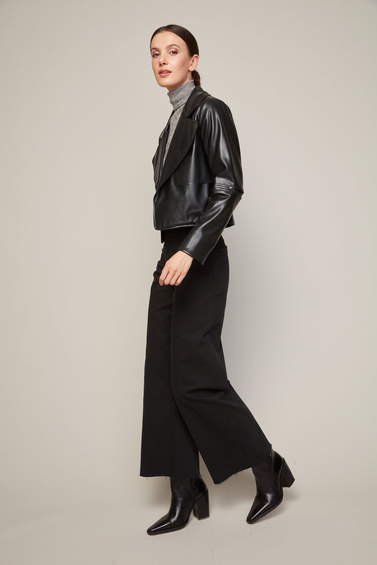 Ninon short stretch vegan leather open front jacket