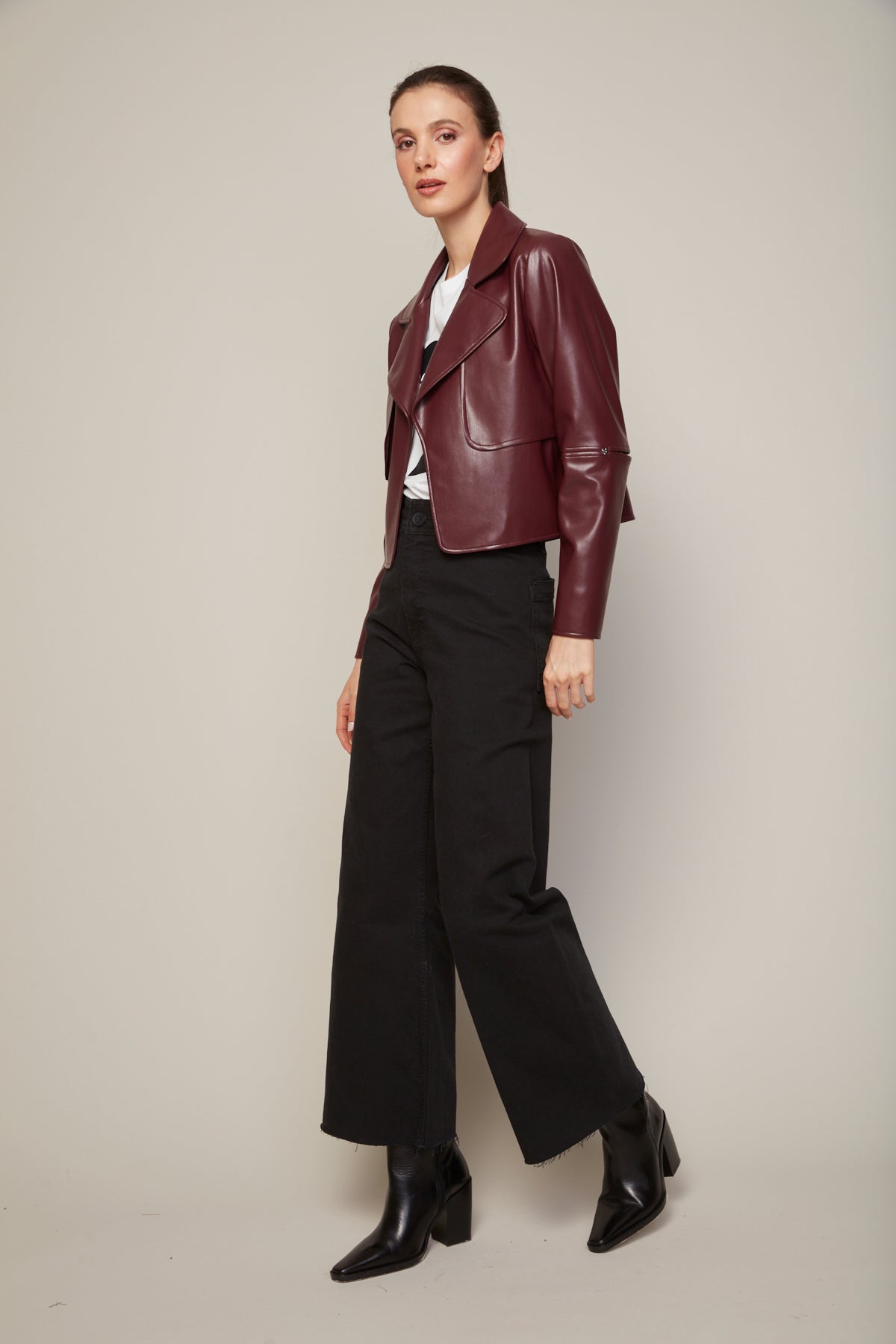 Ninon short stretch vegan leather open front jacket