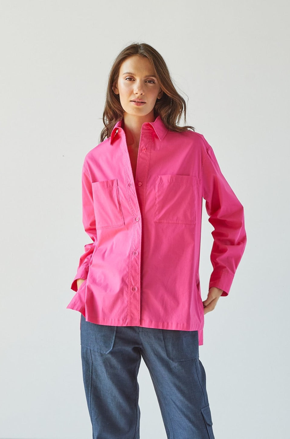 Nubia button down stretch shirt w/ high low hem