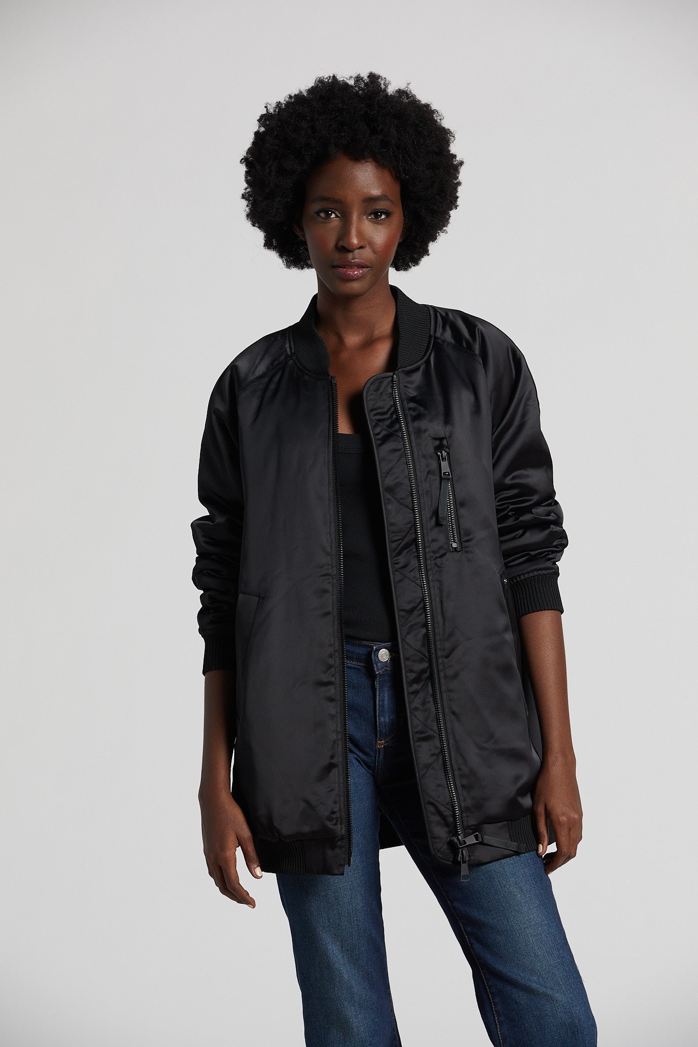 Pako long bomber jacket w/ baseball collar