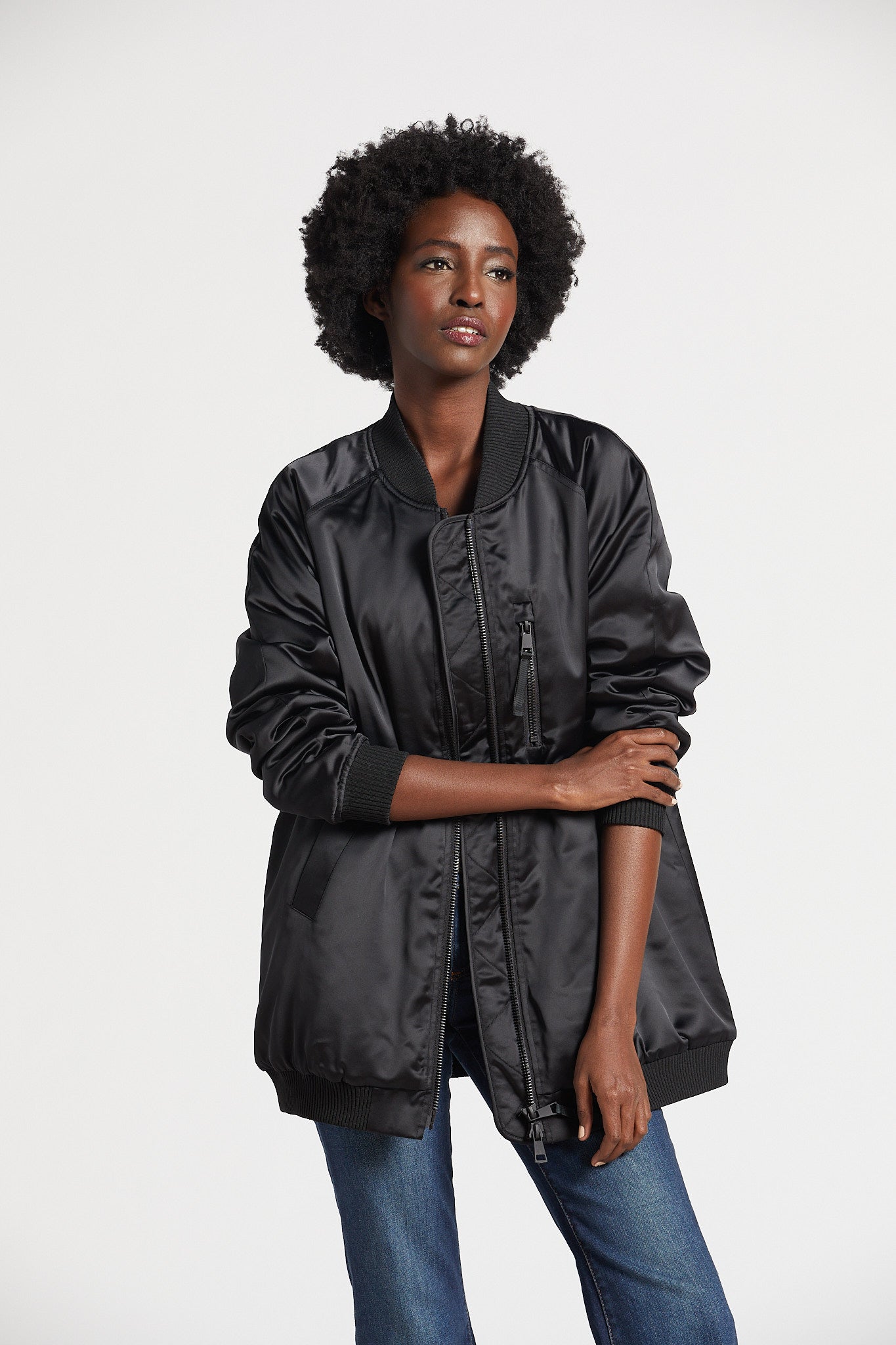 Pako long bomber jacket w/ baseball collar
