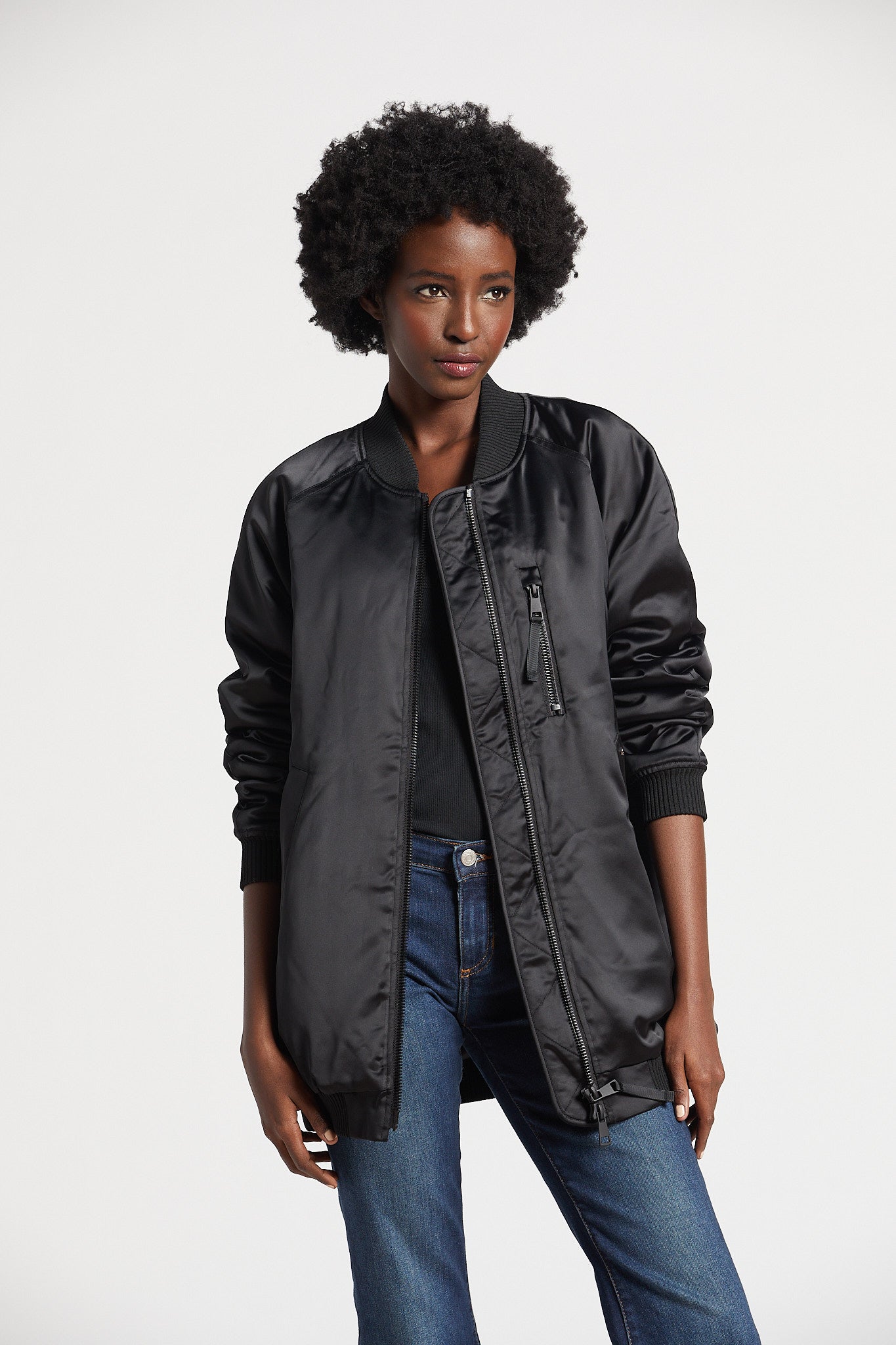Pako long bomber jacket w/ baseball collar