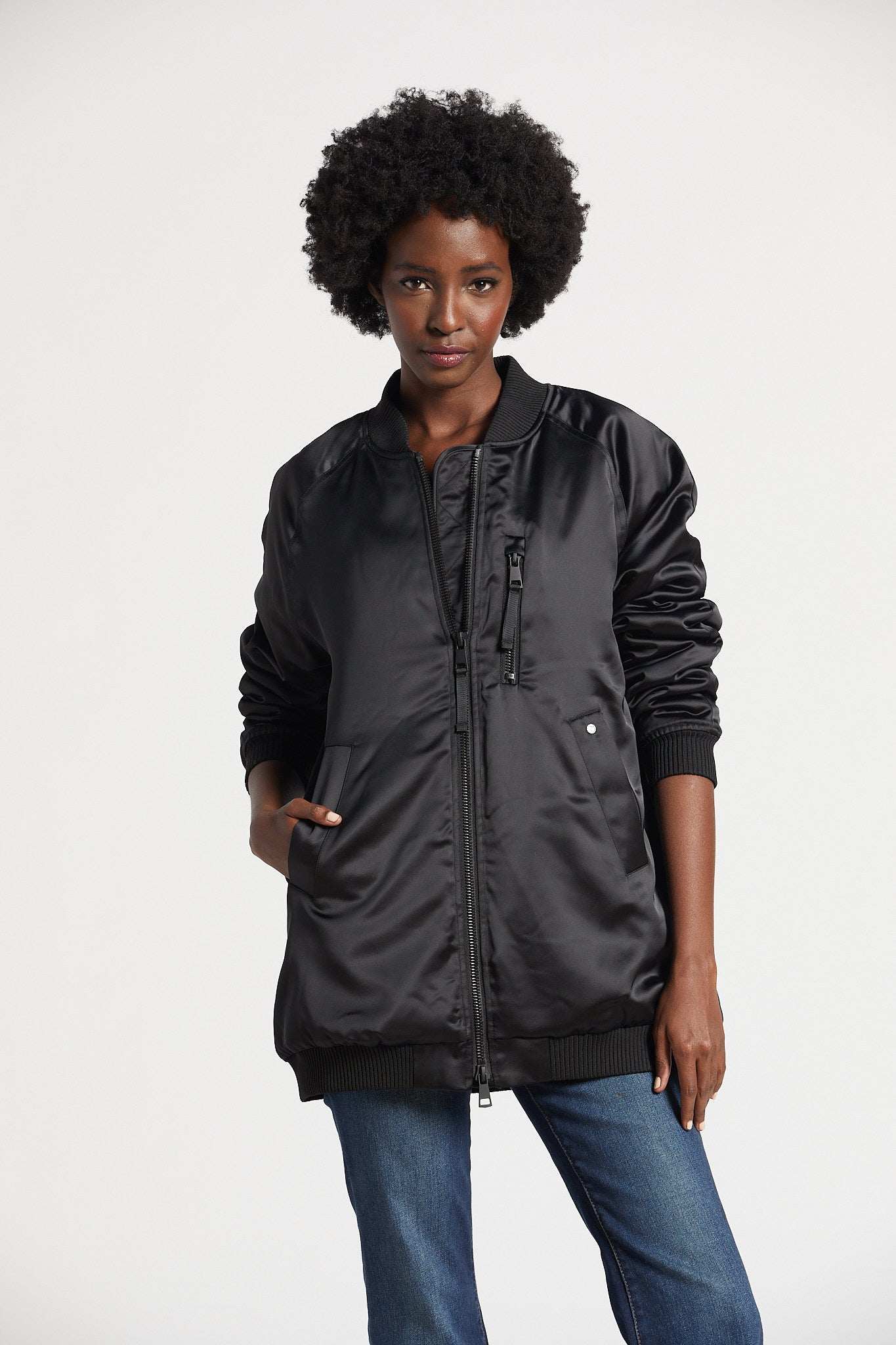 Pako long bomber jacket w/ baseball collar