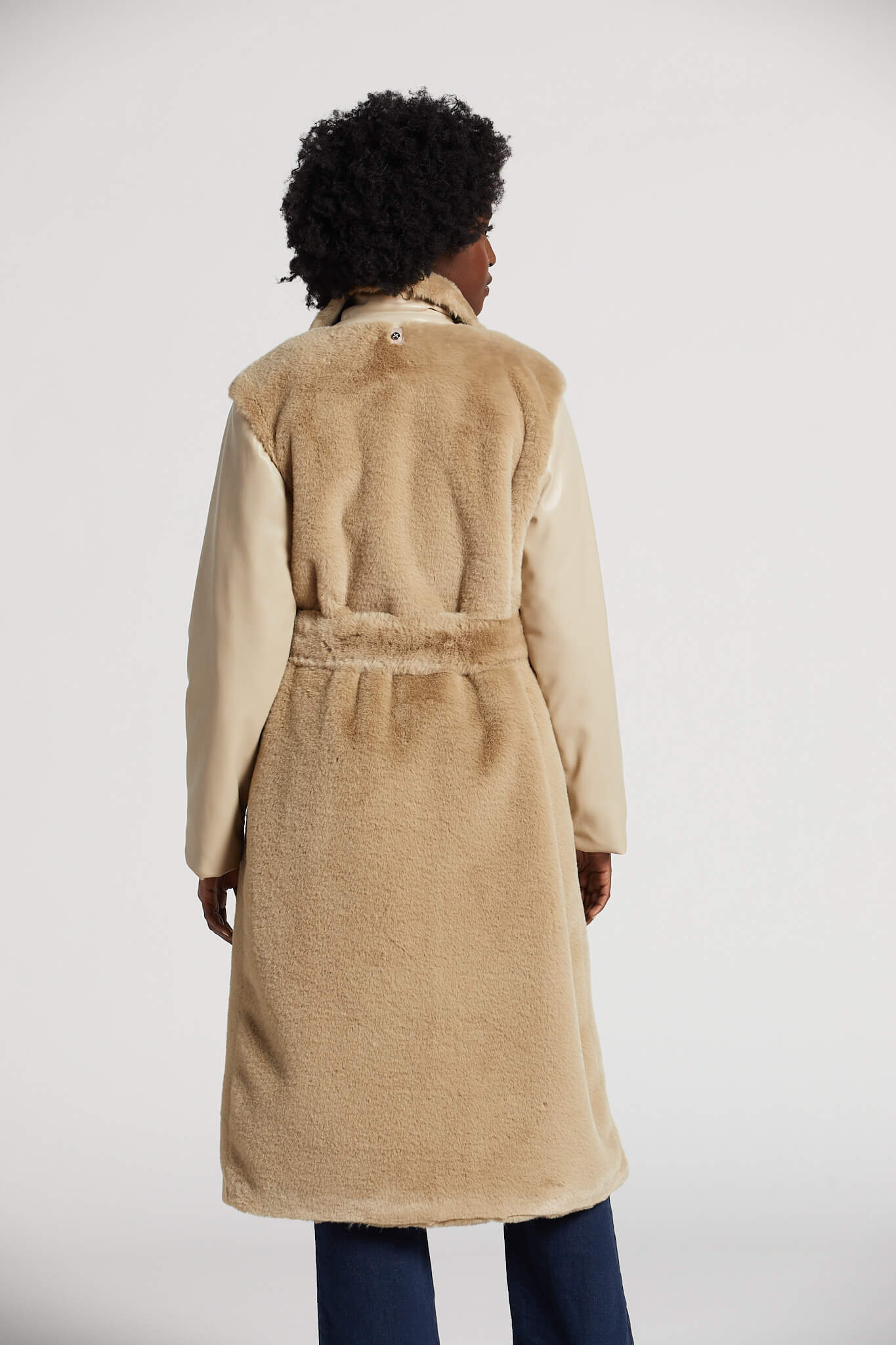Peneloppe belted faux fur long coat w/ vegan leather sleeve