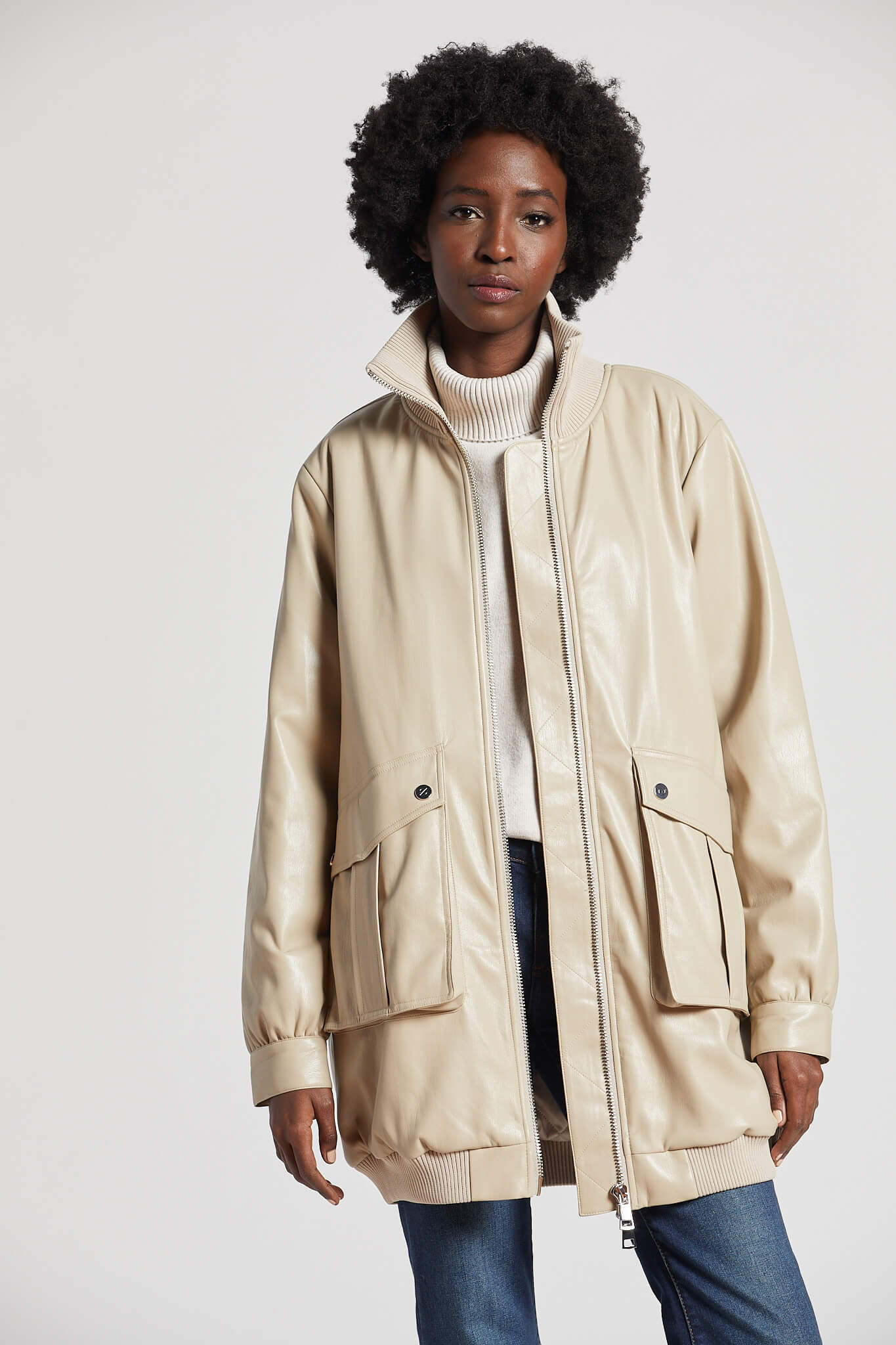 Petra long vegan leather bomber jacket w/ rib collar
