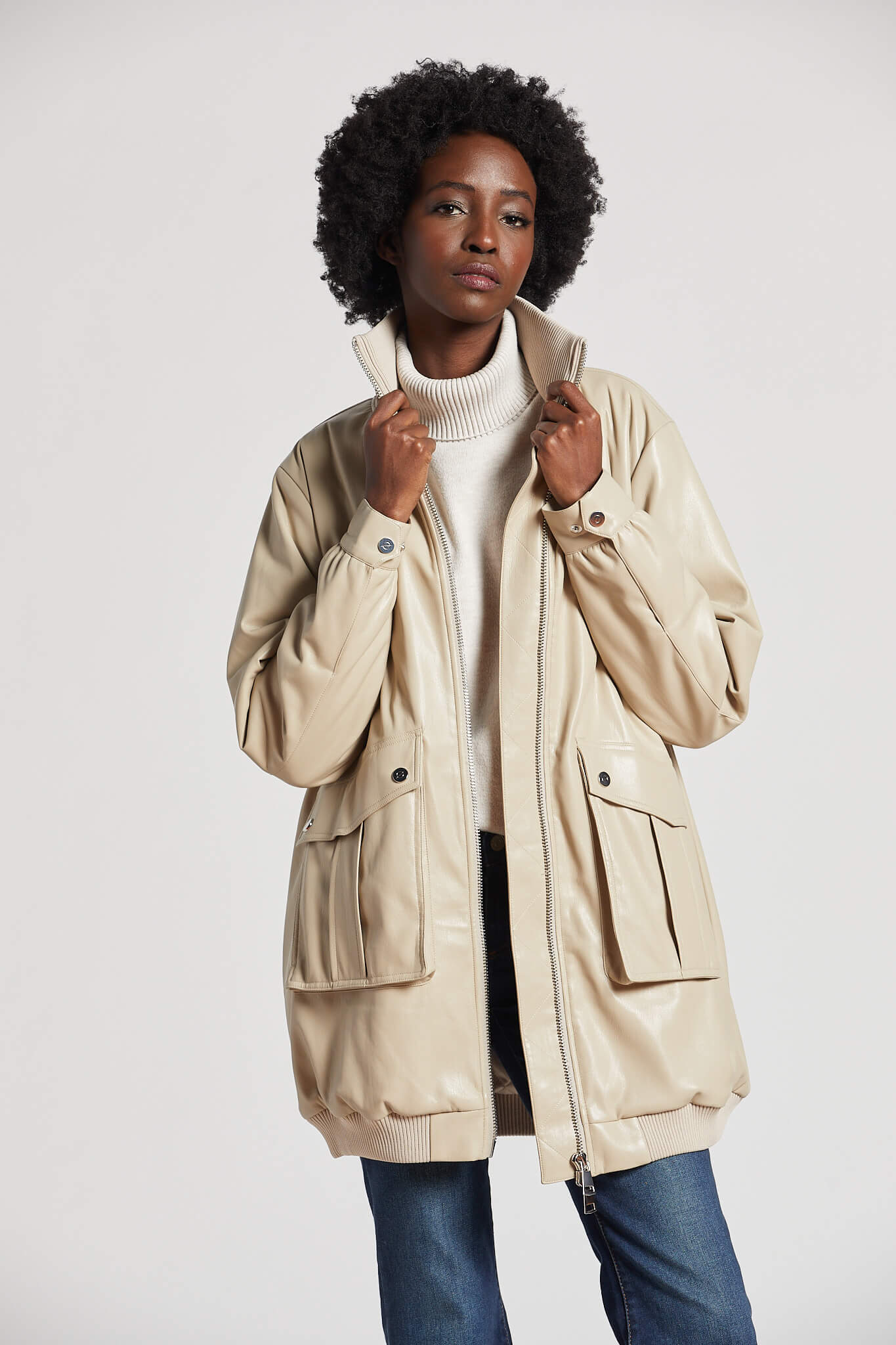 Petra long vegan leather bomber jacket w/ rib collar