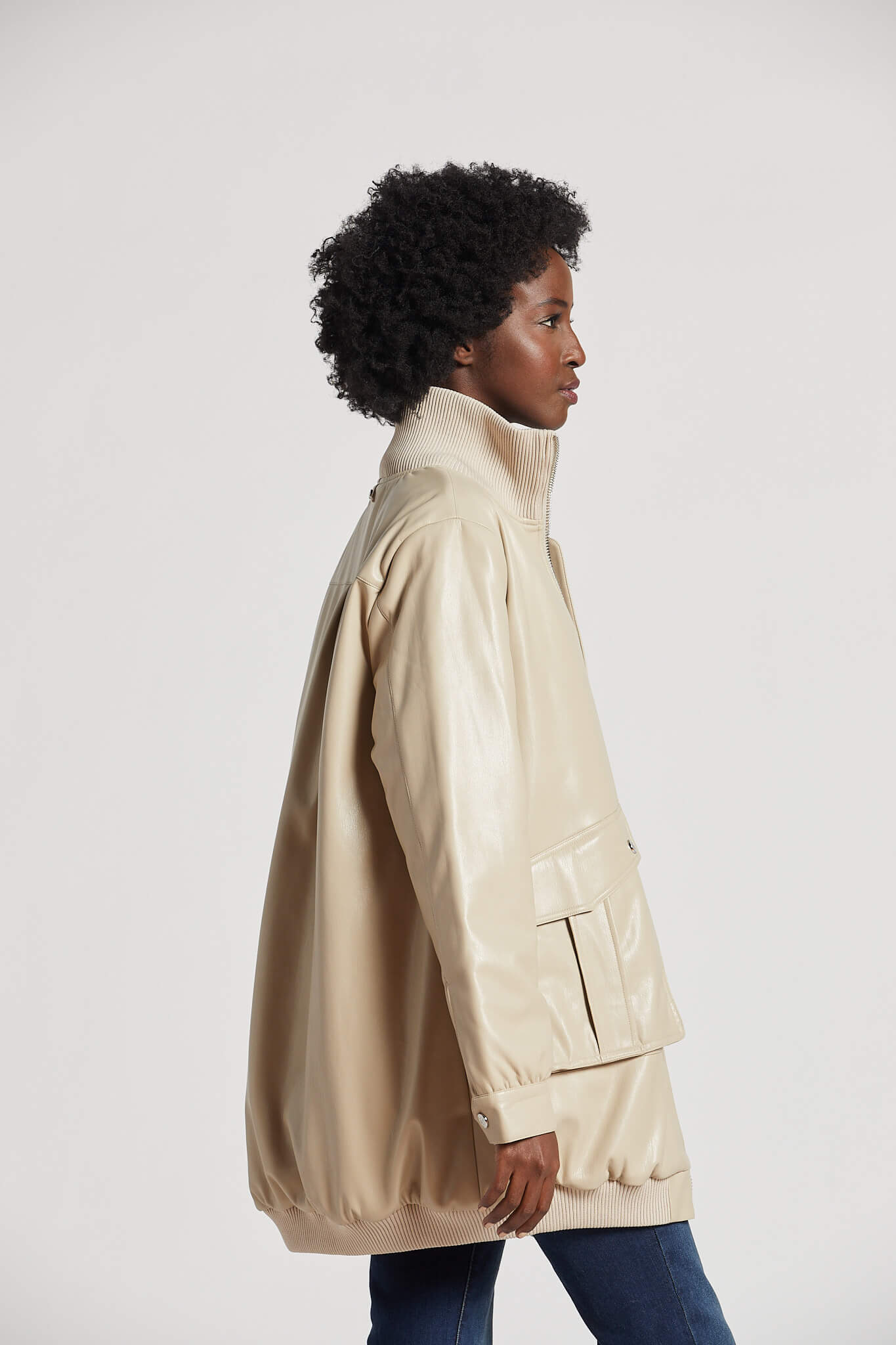 Petra long vegan leather bomber jacket w/ rib collar