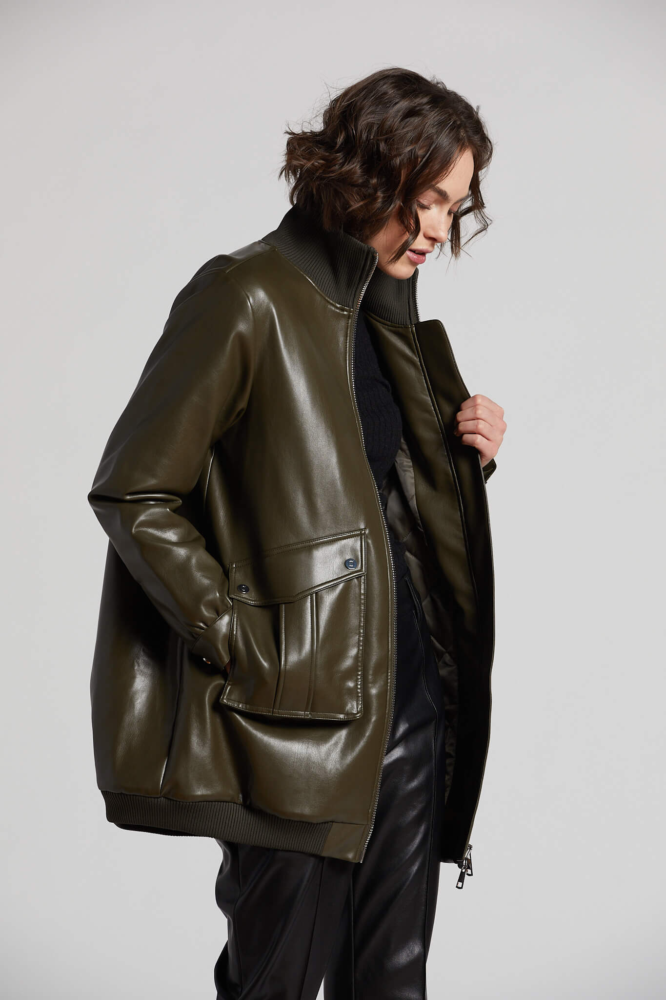 Petra long vegan leather bomber jacket w/ rib collar