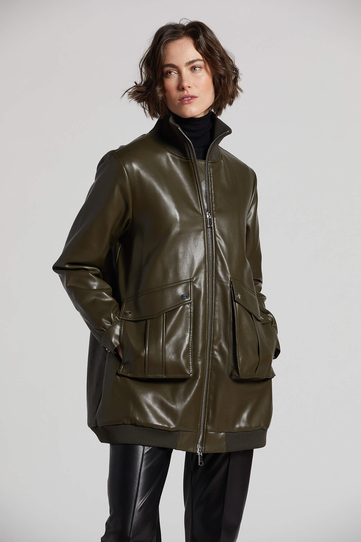 Petra long vegan leather bomber jacket w/ rib collar