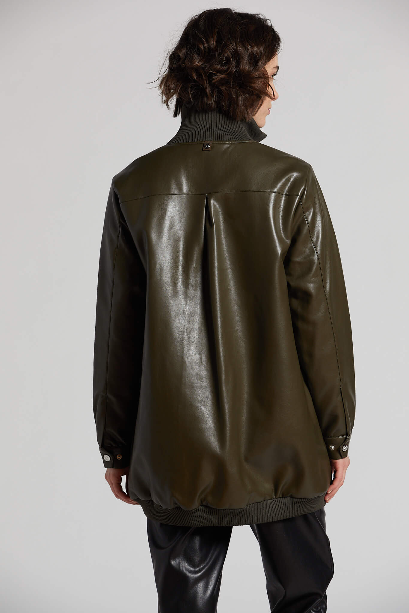 Petra long vegan leather bomber jacket w/ rib collar