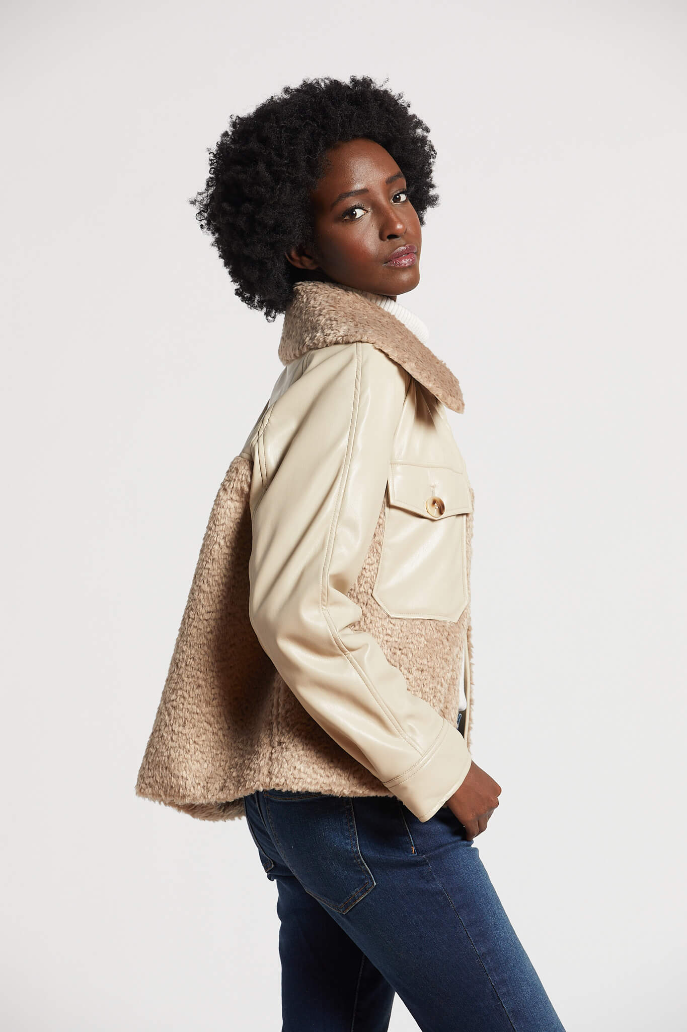 Pico vegan leather bomber jacket w/ faux fur & detachable collar