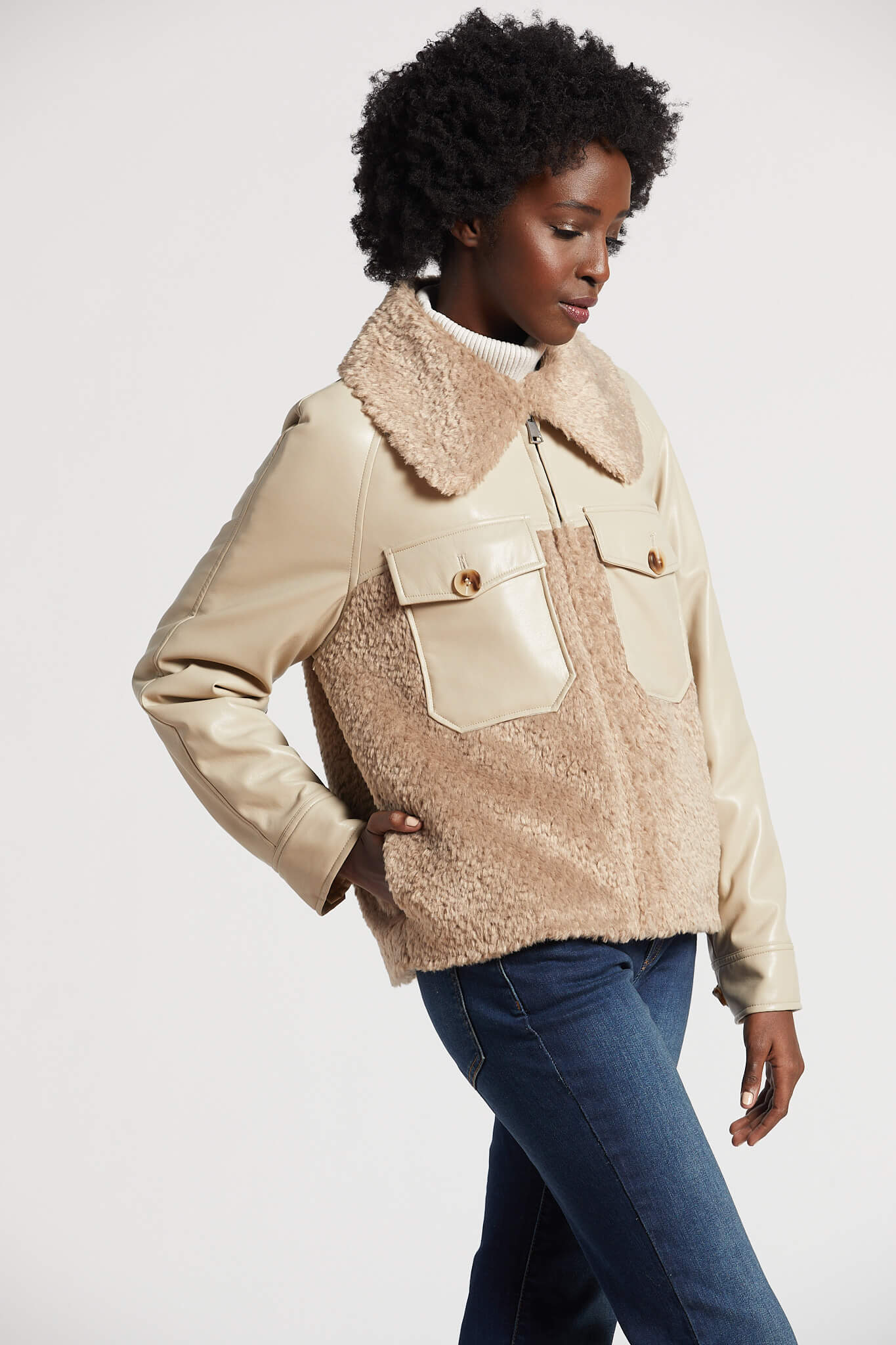 Pico vegan leather bomber jacket w/ faux fur & detachable collar