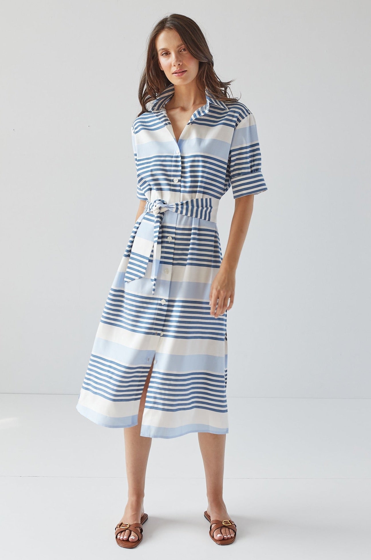 Randi long buttoned shirt dress w/ sash & side pockets