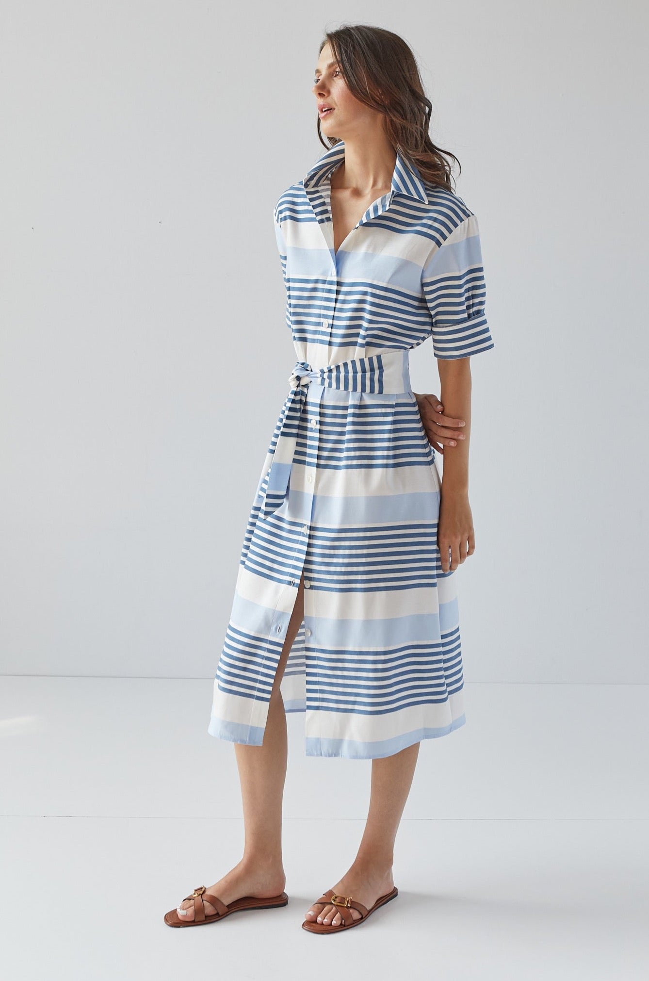 Randi Long Buttoned Shirt Dress w/ Sash & Side Pockets