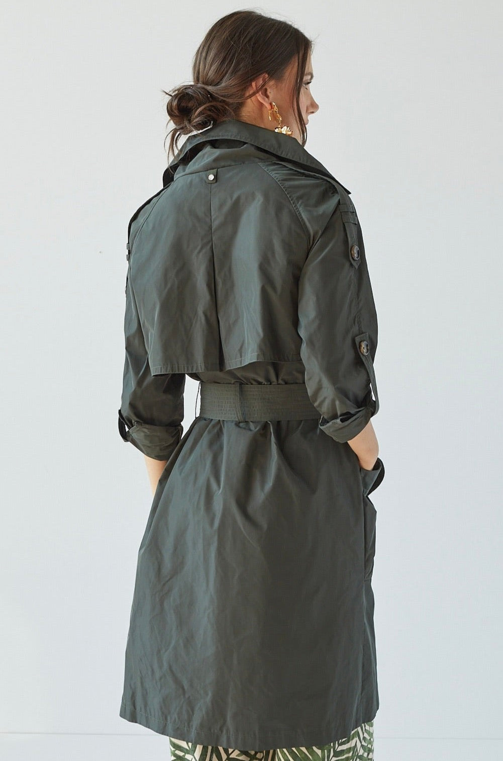 Raphael trench coat w/ rolled-up sleeve detail, patch pocket w/ cuff & sash