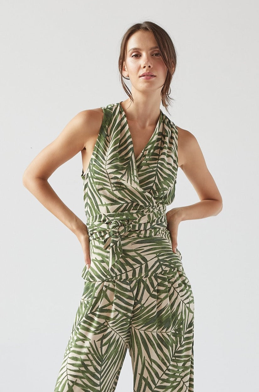 Remi sleeveless wrap top w/ sash & leaf motif