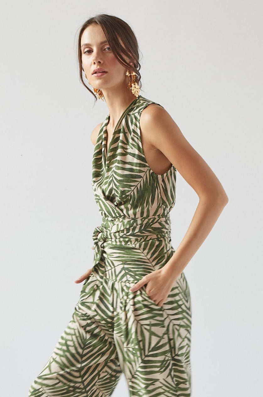 Remi sleeveless wrap top w/ sash & leaf motif