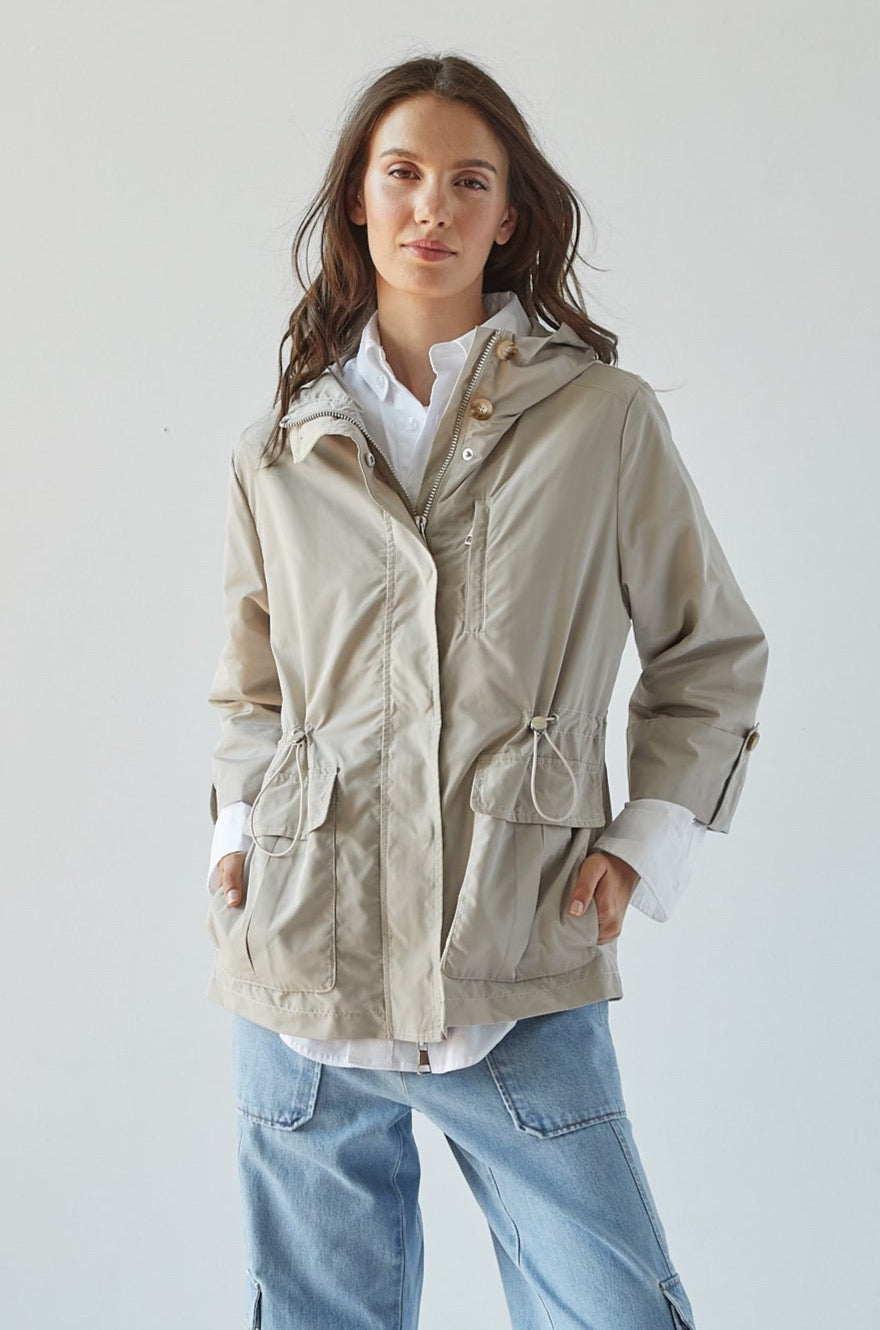 Roseline hooded anorak w/ rolled-up sleeves & waist toggle