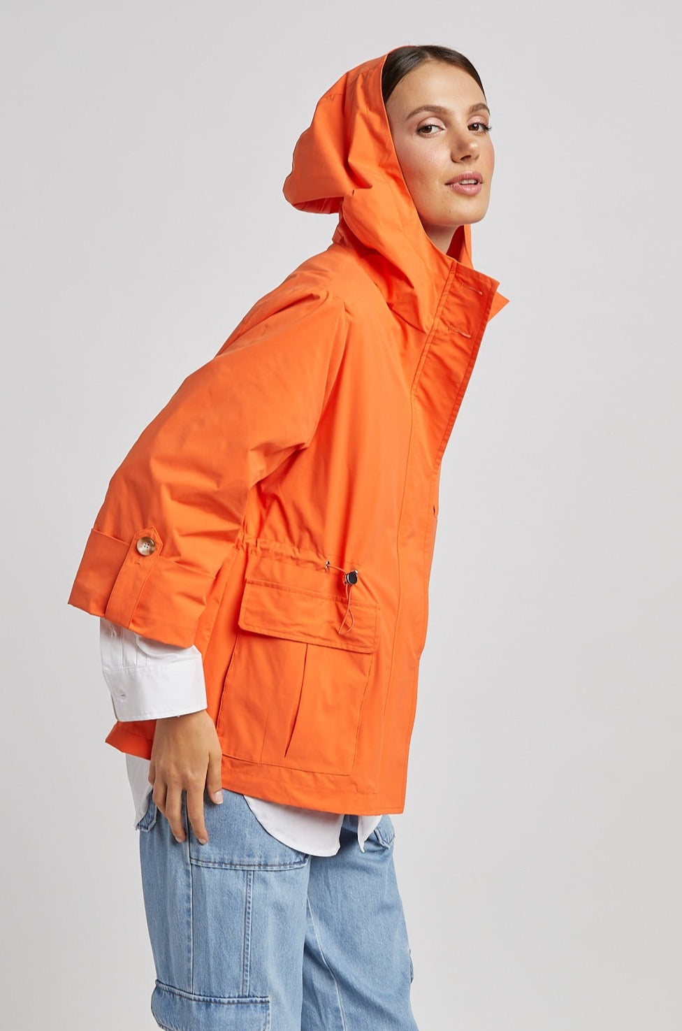 Roseline hooded anorak w/ rolled-up sleeves & waist toggle