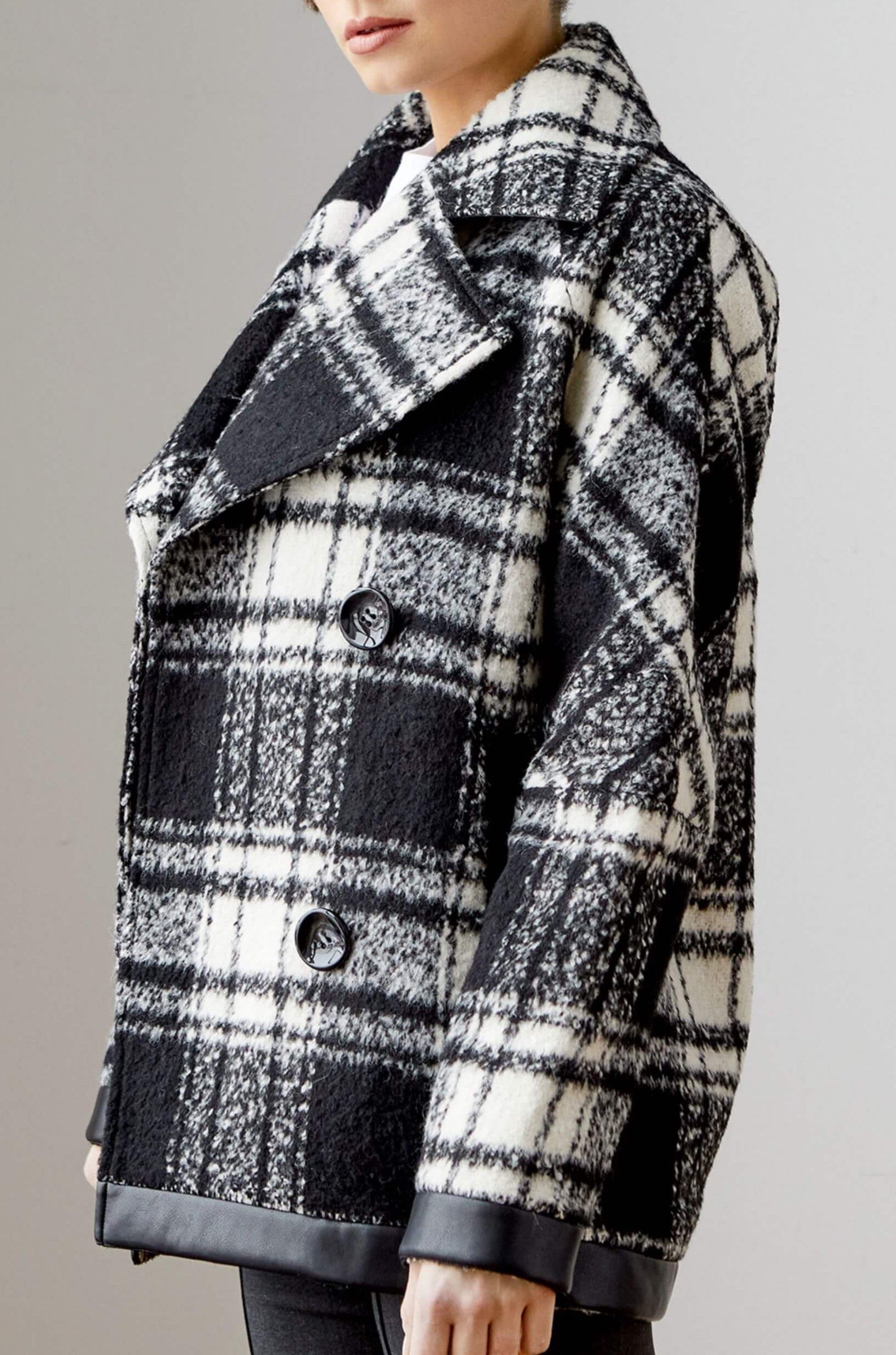 Jordan trendy plaid boucle peacoat with vegan leather trim