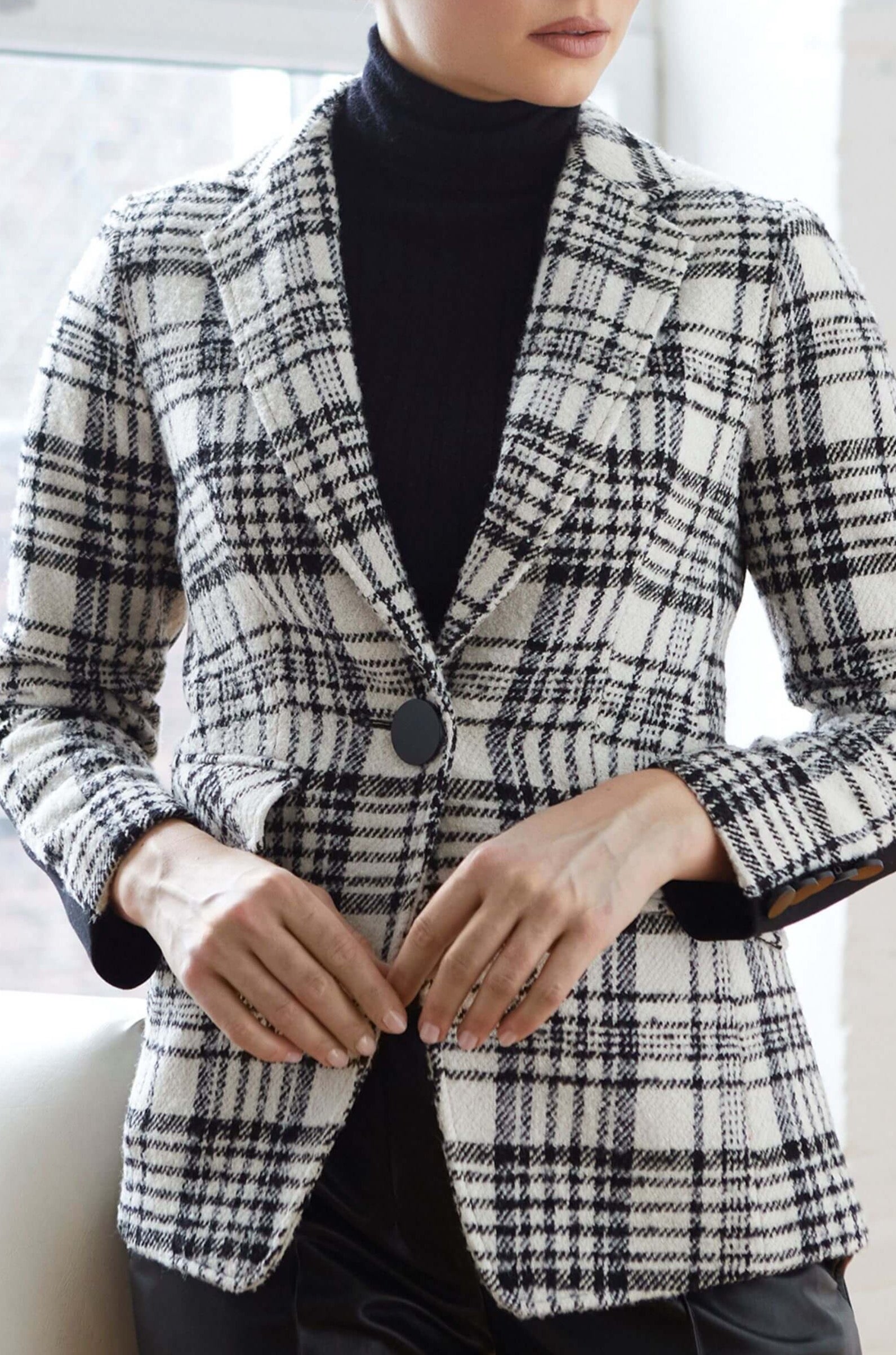 Tobi single breasted wool blend plaid blazer with Ponte de Roma back