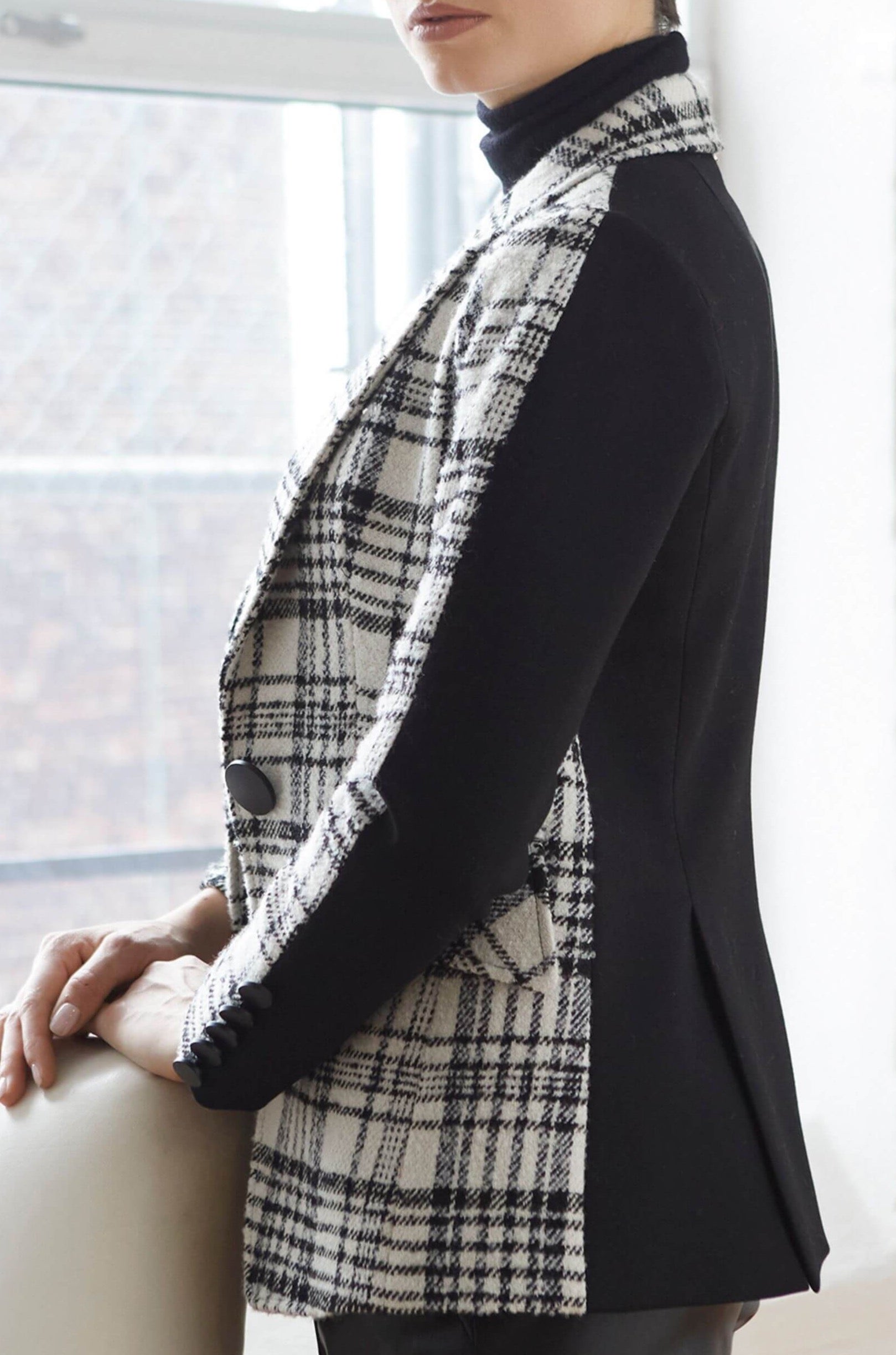 Tobi single breasted wool blend plaid blazer with Ponte de Roma back