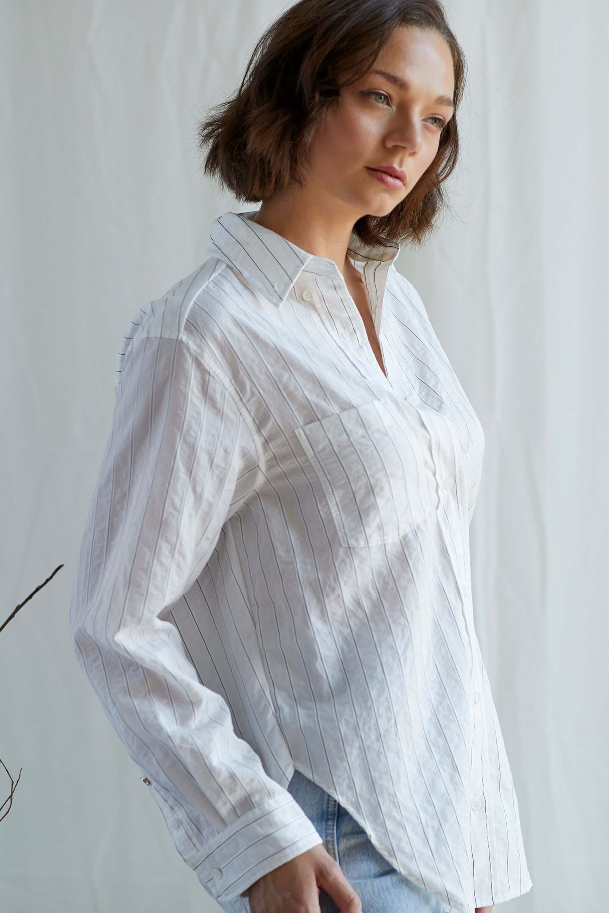Kean boyfriend cut thin striped button down shirt