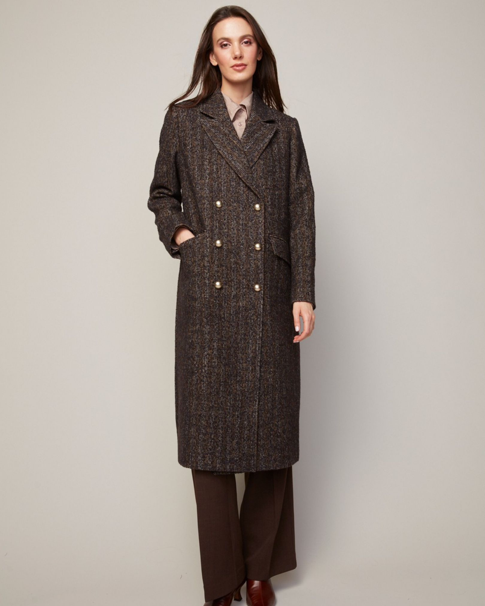 Bennett, manteau long en tweed de laine mélangée à double boutonnage