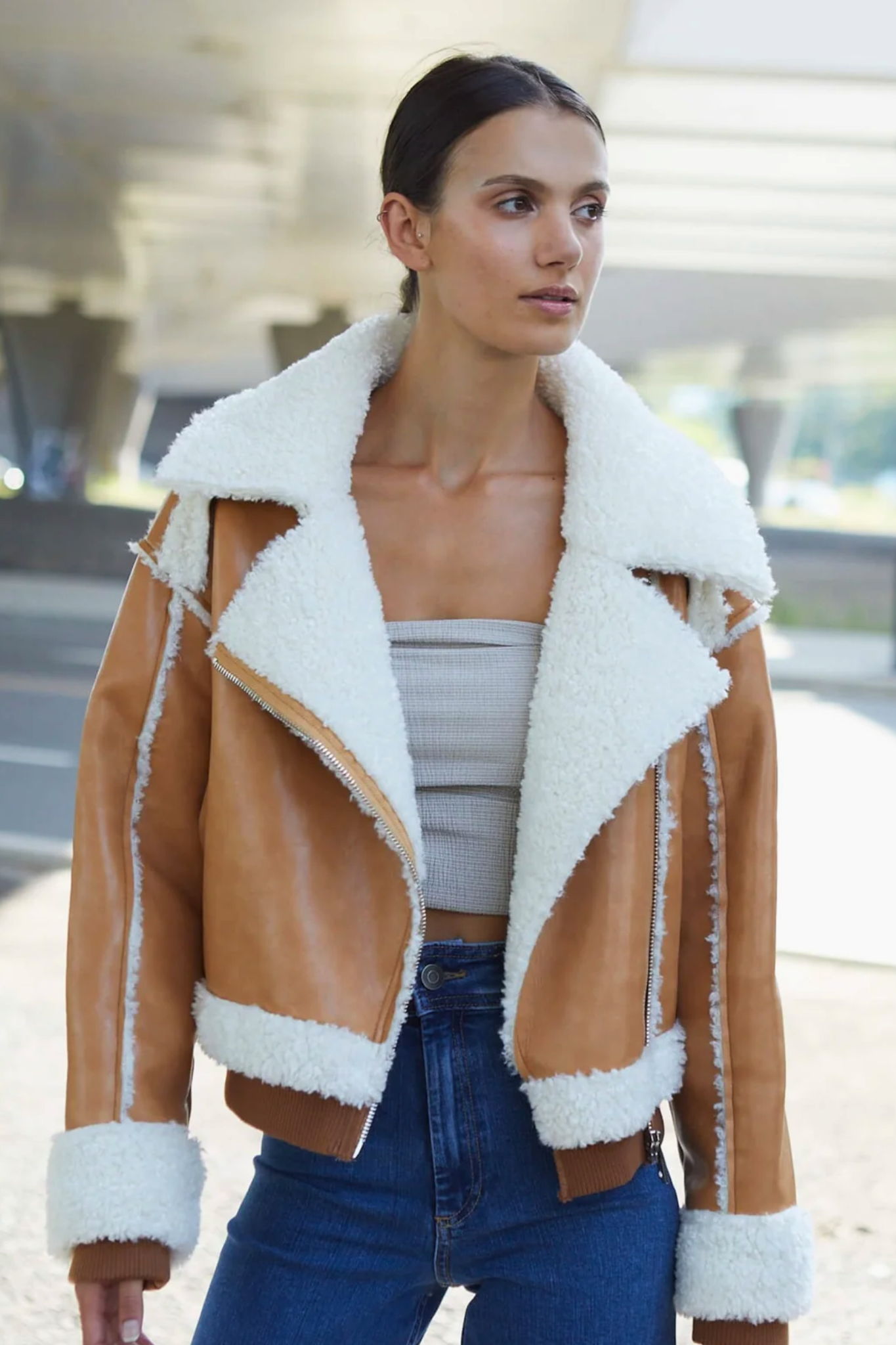 Clayton faux shearling vegan leather zipped moto jacket w/ knit trim