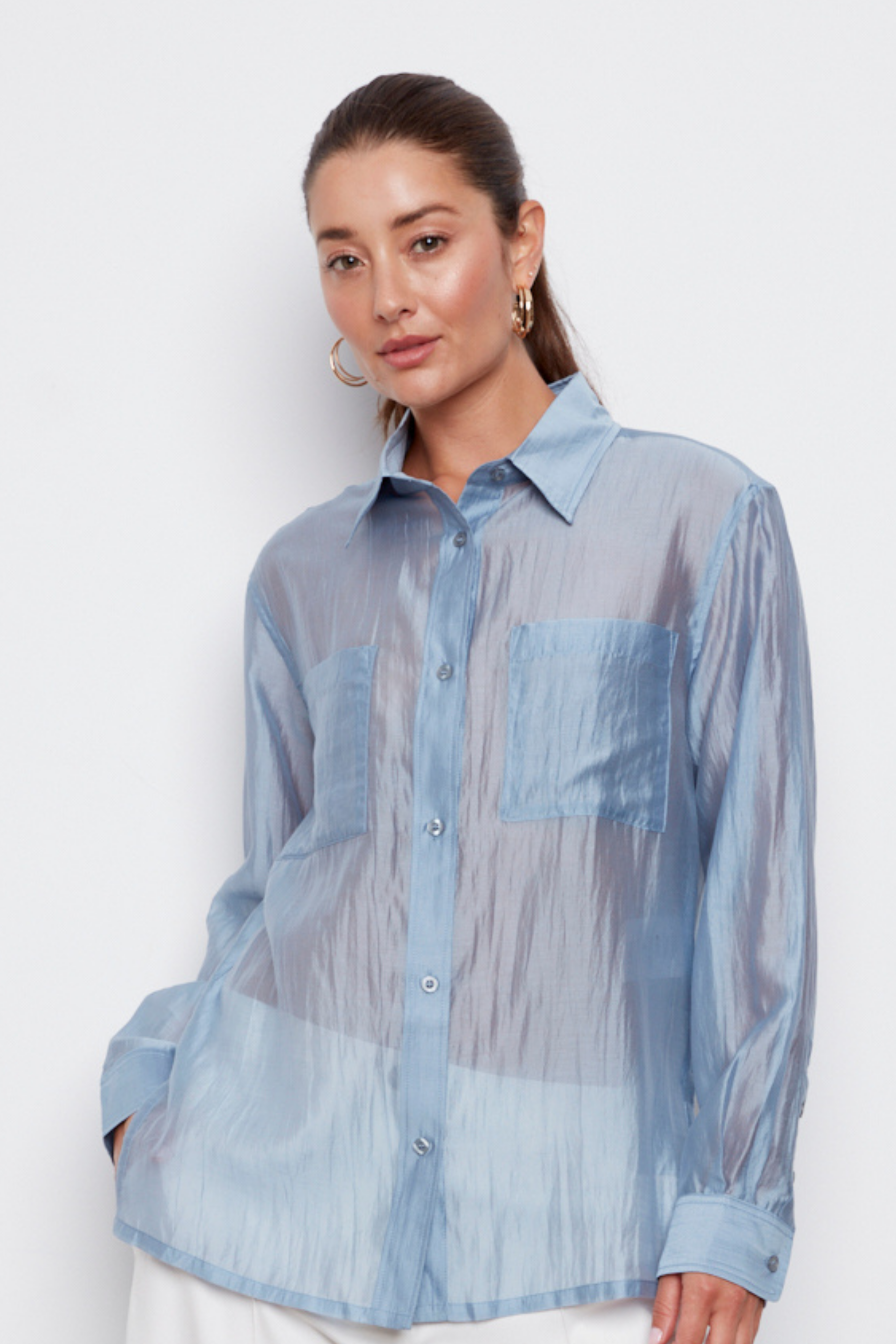 Bijou, semi-transparent button-front shirt with patch pockets and side slits