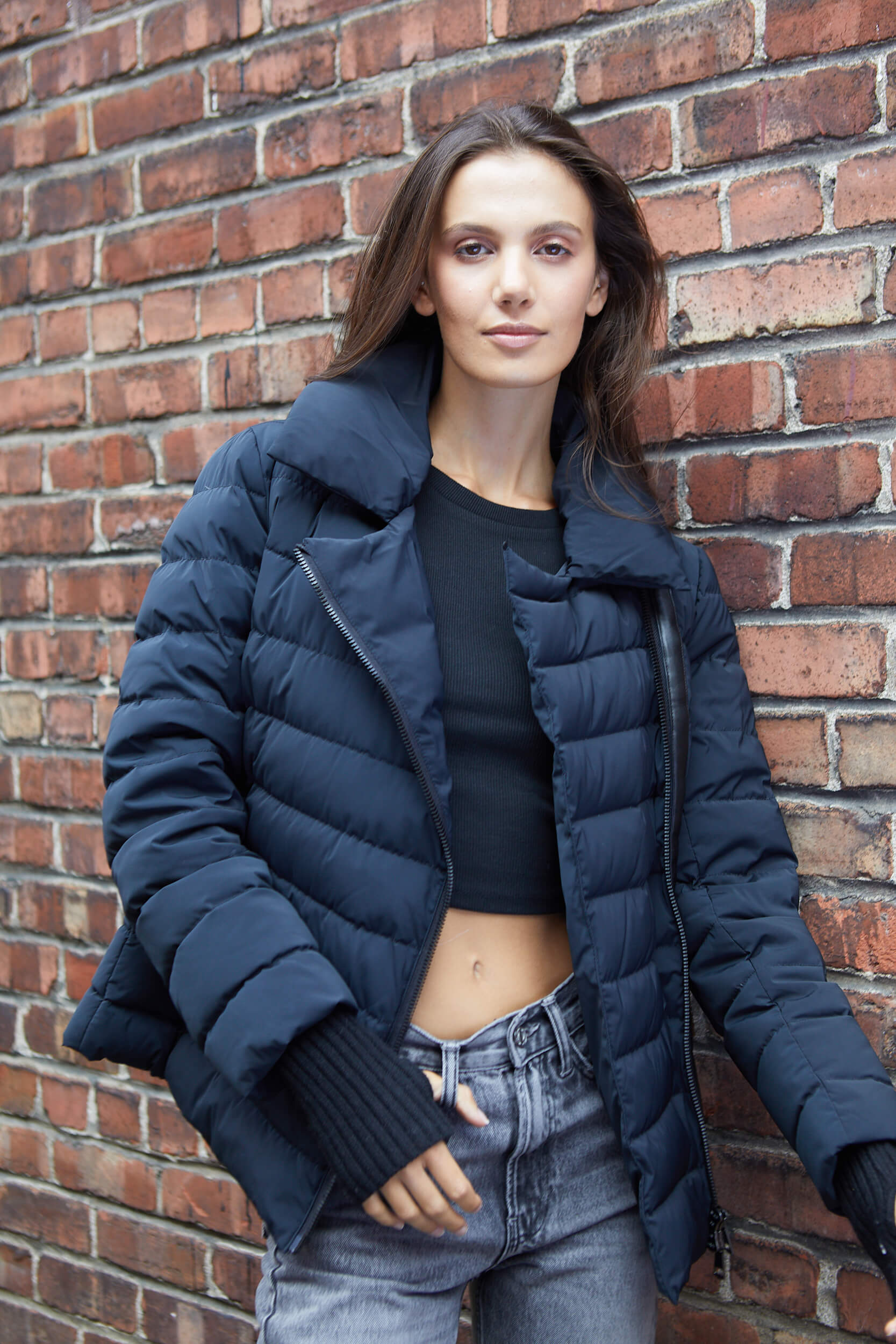Kiki fitted down jacket w/ side buckle, vegan leather & knit angora trim