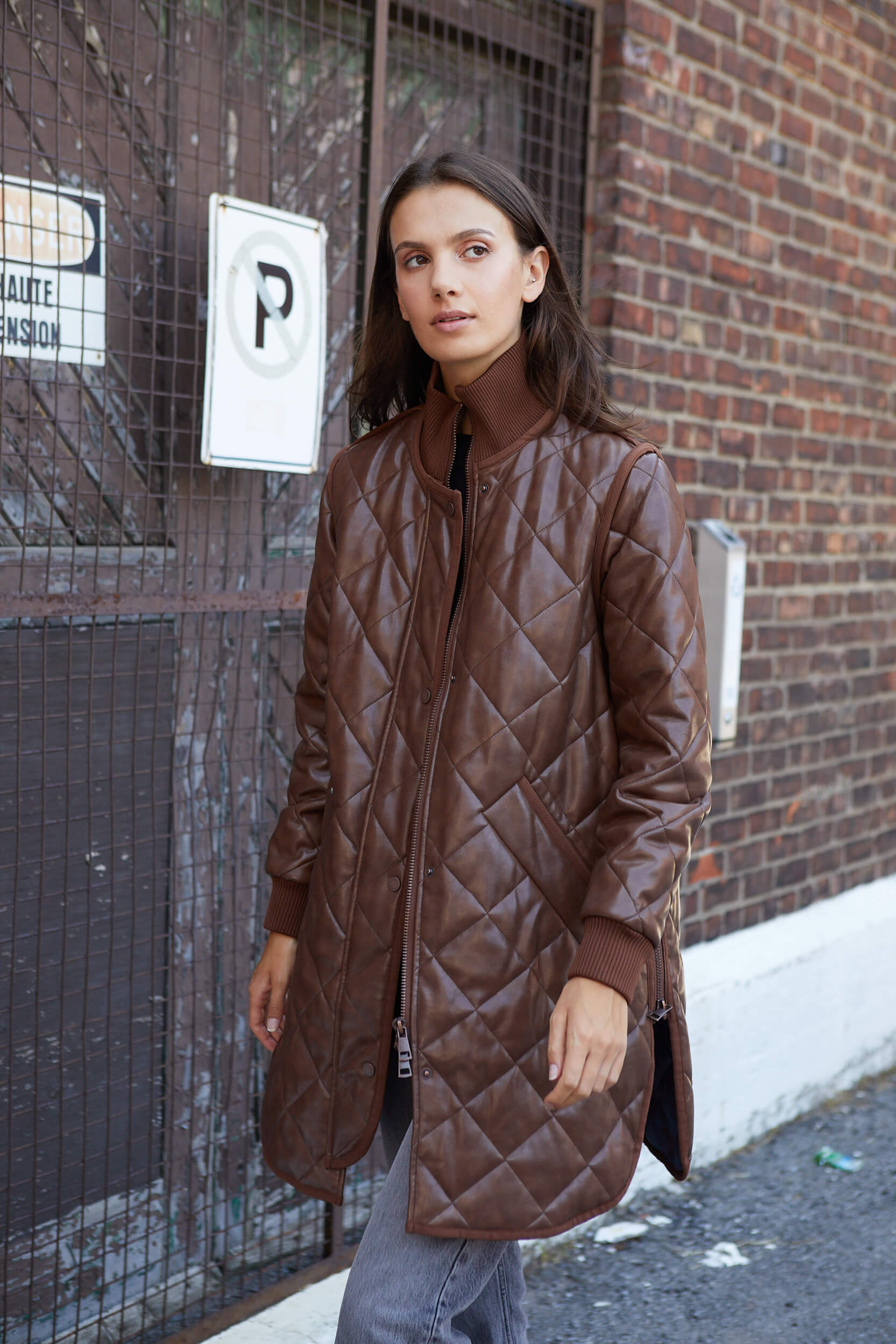 Liberty quilted full zip vegan leather coat w/ side zipper