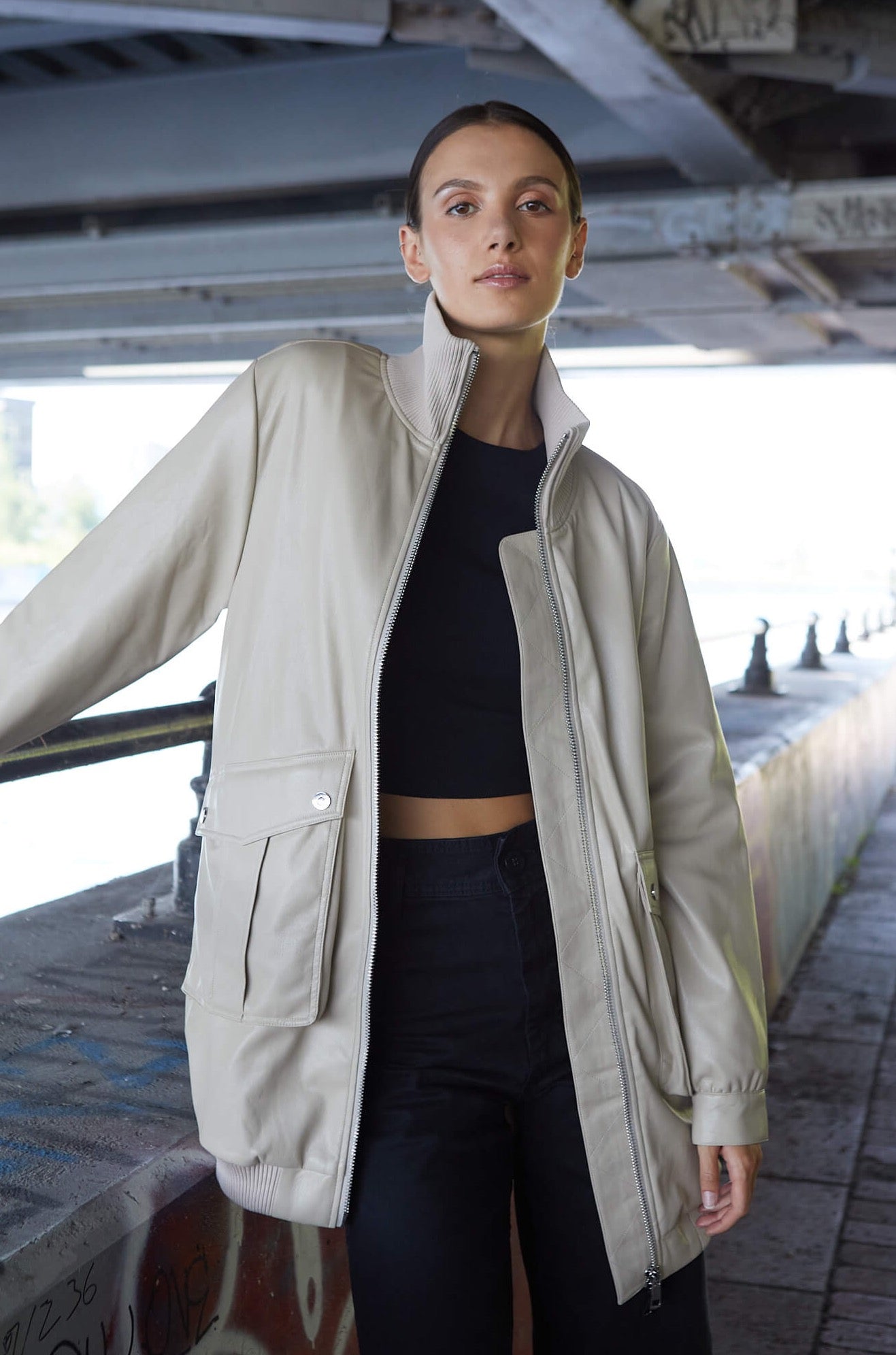 Petra long vegan leather bomber jacket w/ rib collar