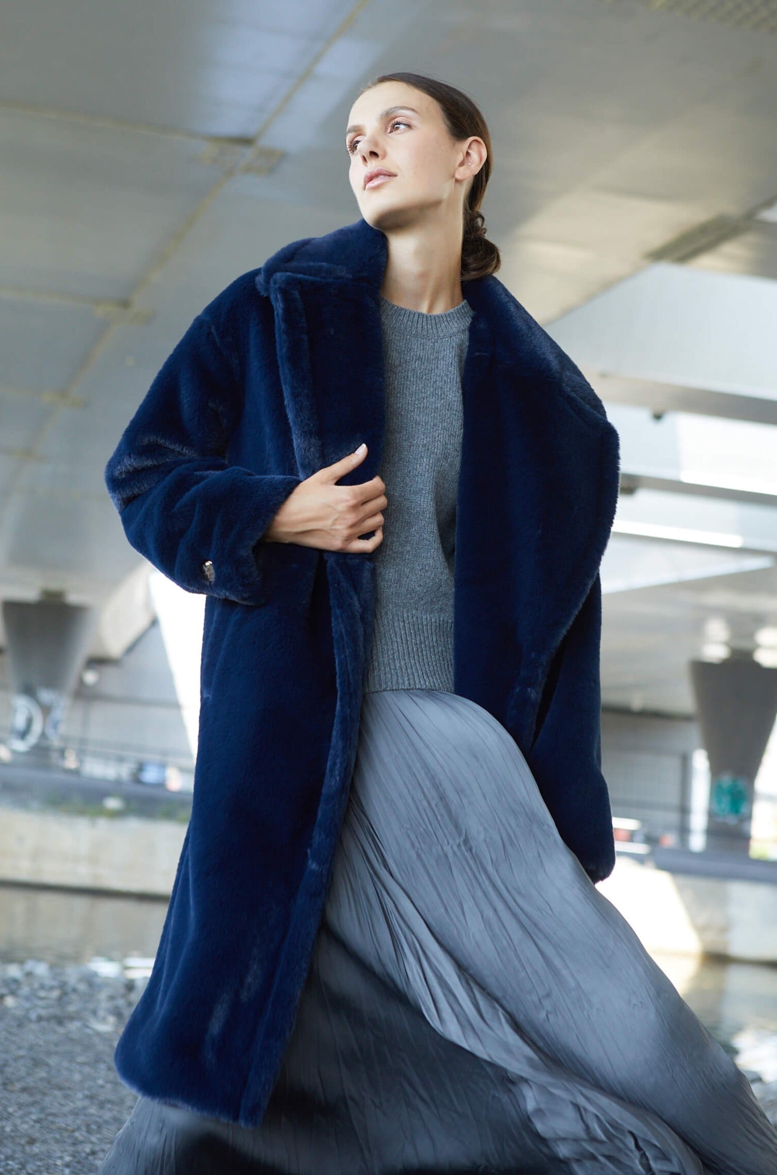 Polly long cozy faux fur coat w/ notch collar & large lapels