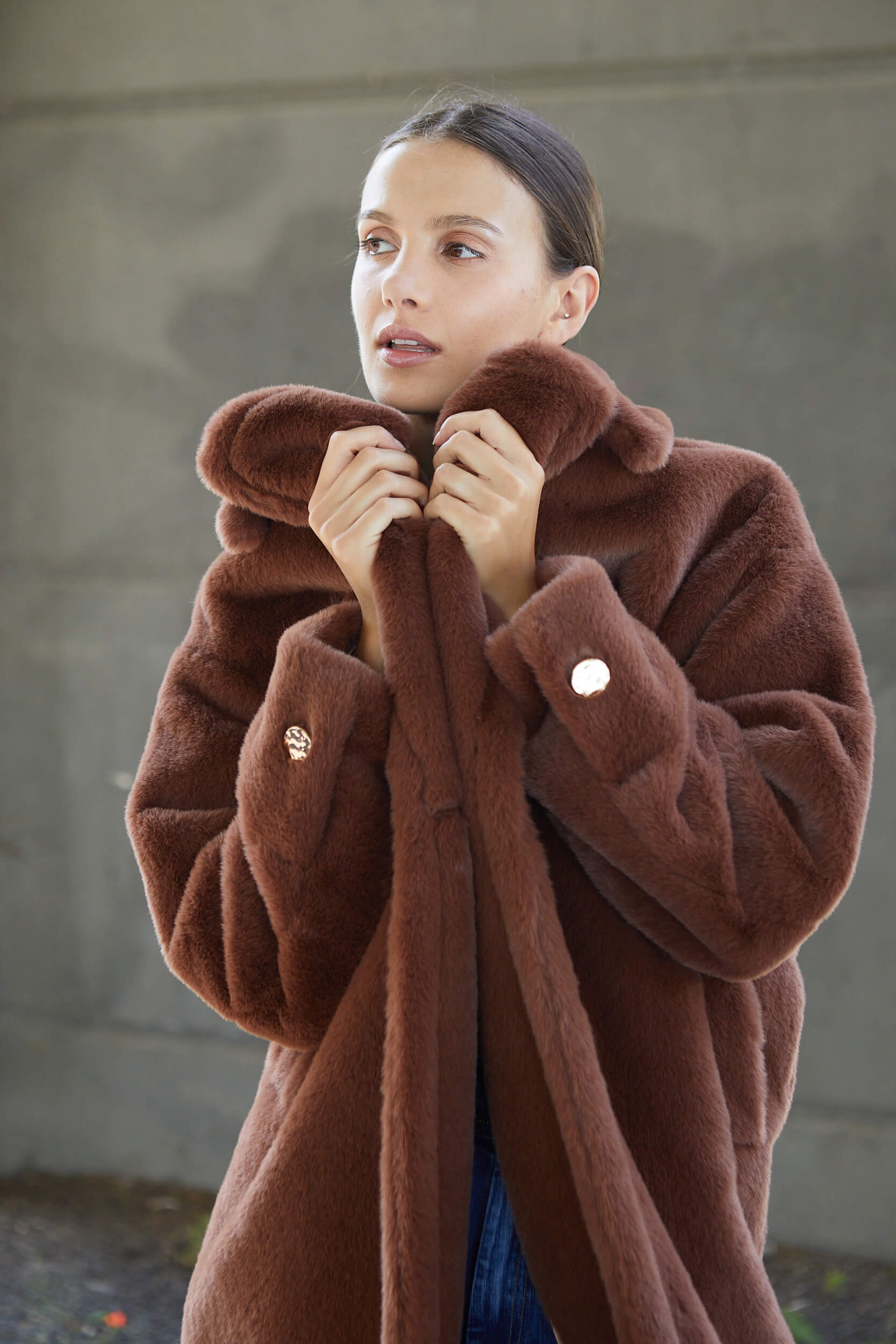 Polly long cozy faux fur coat w/ notch collar & large lapels