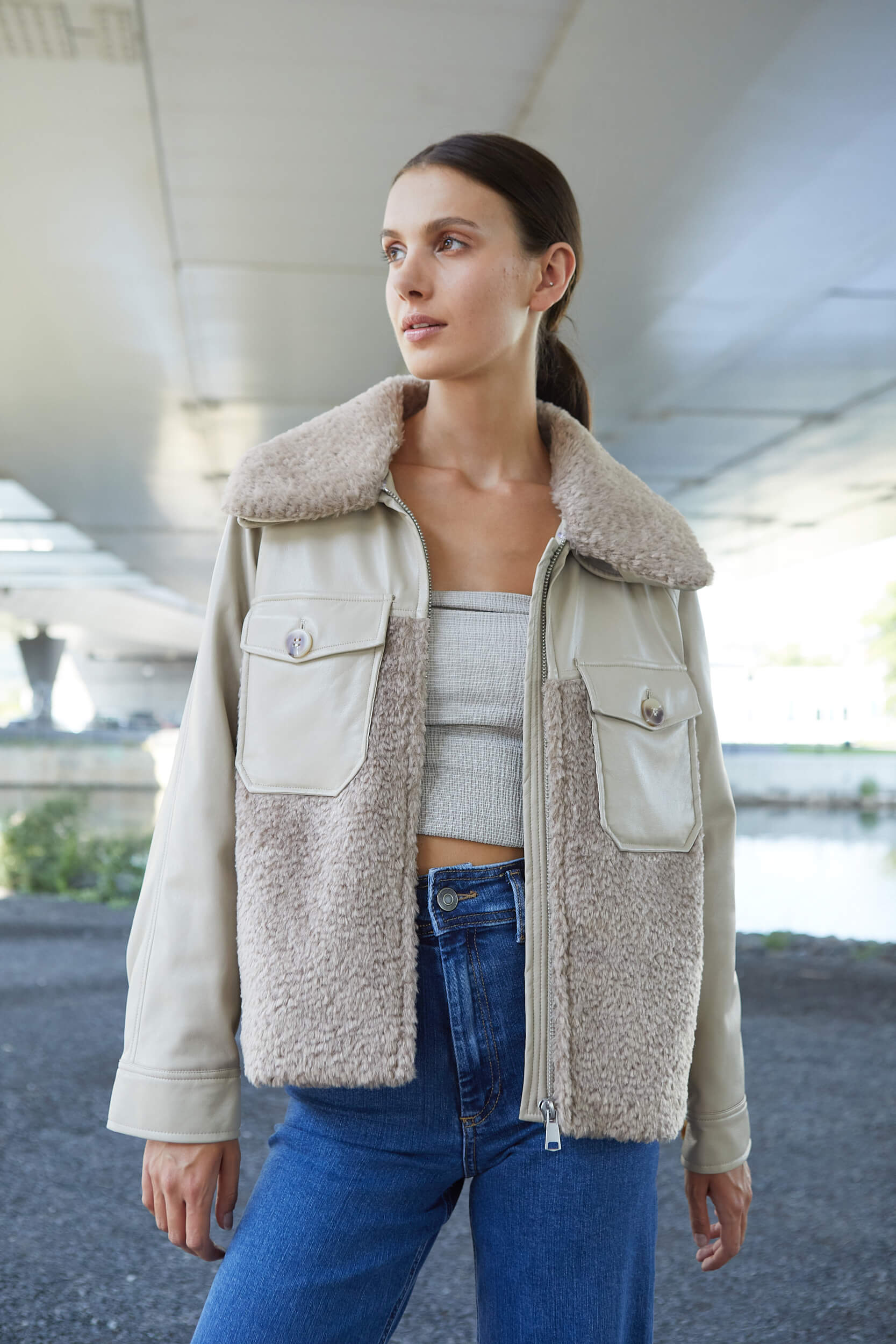 Pico vegan leather bomber jacket w/ faux fur & detachable collar