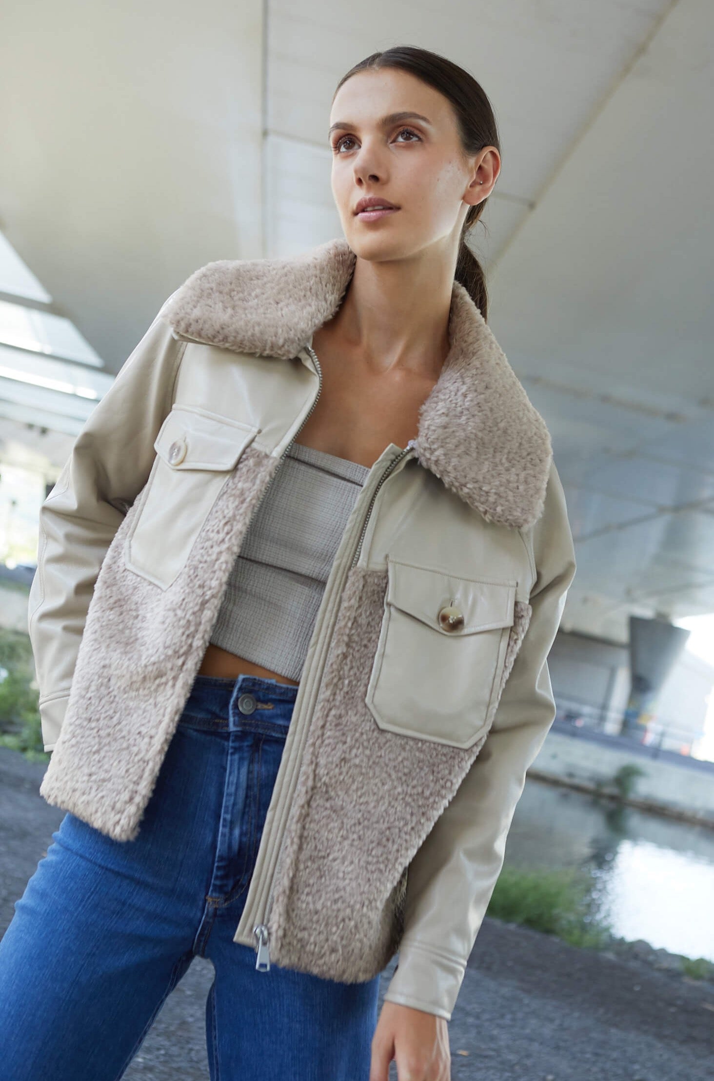 Pico vegan leather bomber jacket w/ faux fur & detachable collar