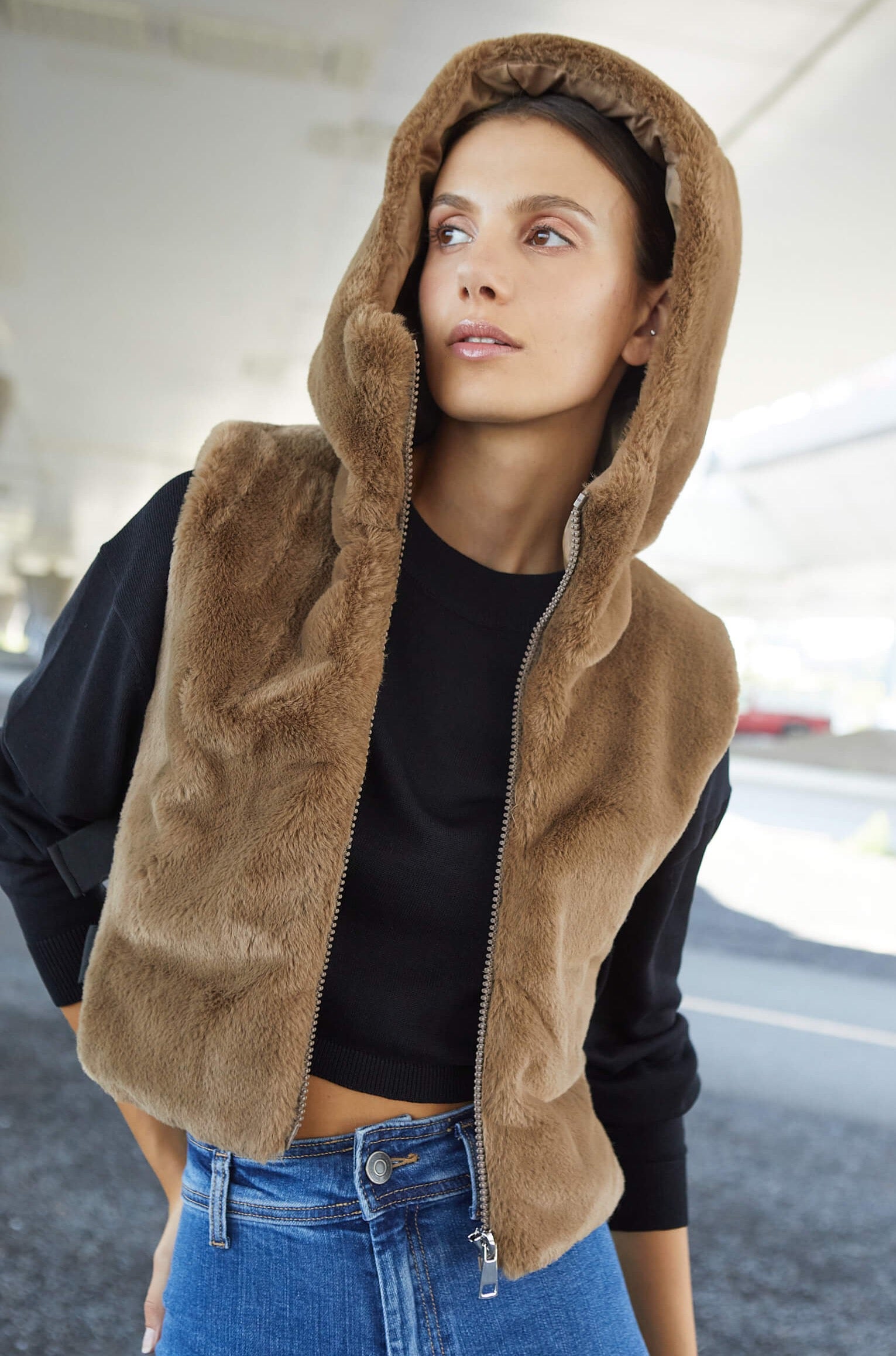 Peanut faux fur hooded down gilet w/ adjustable side buckles