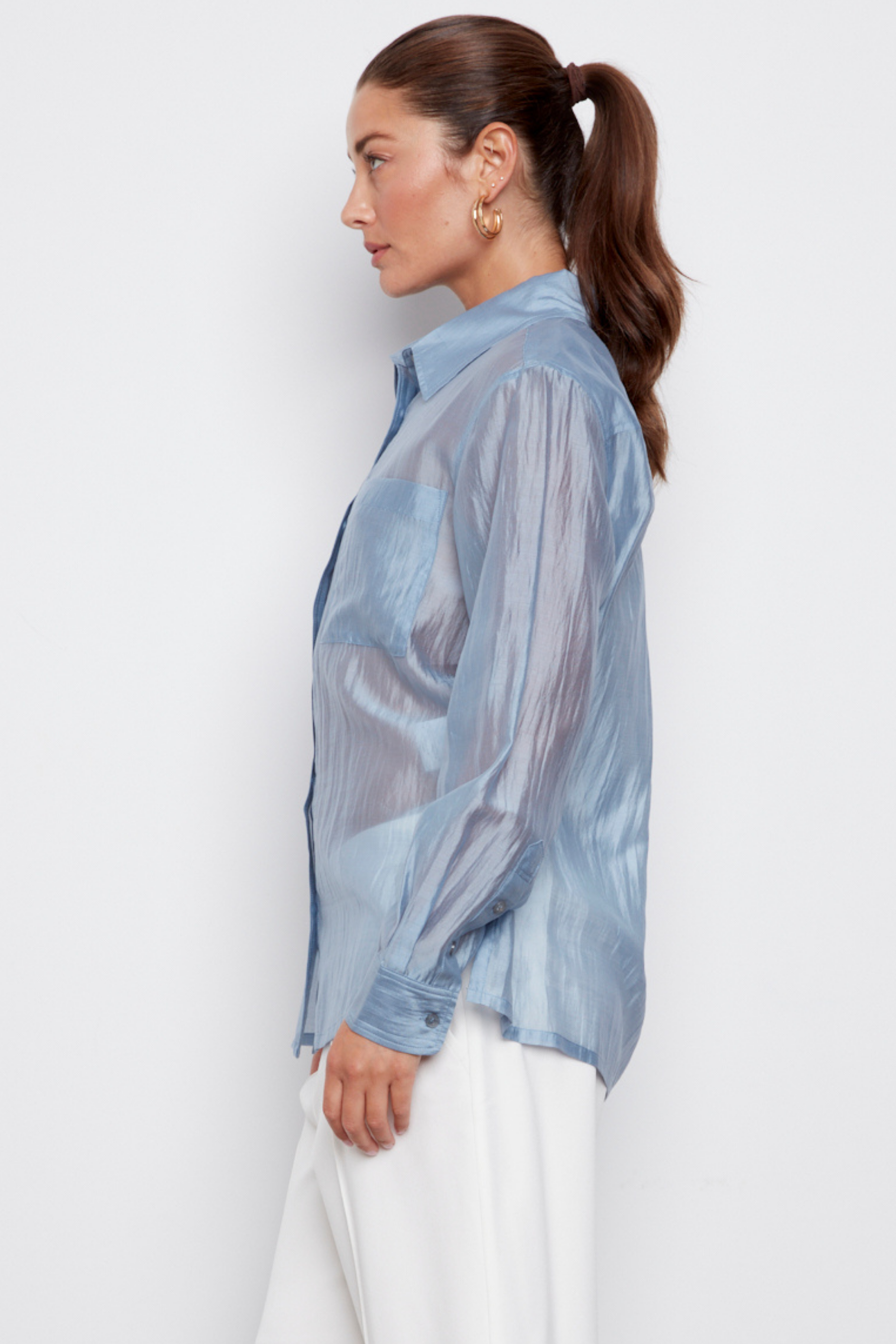 Bijou, semi-transparent button-front shirt with patch pockets and side slits