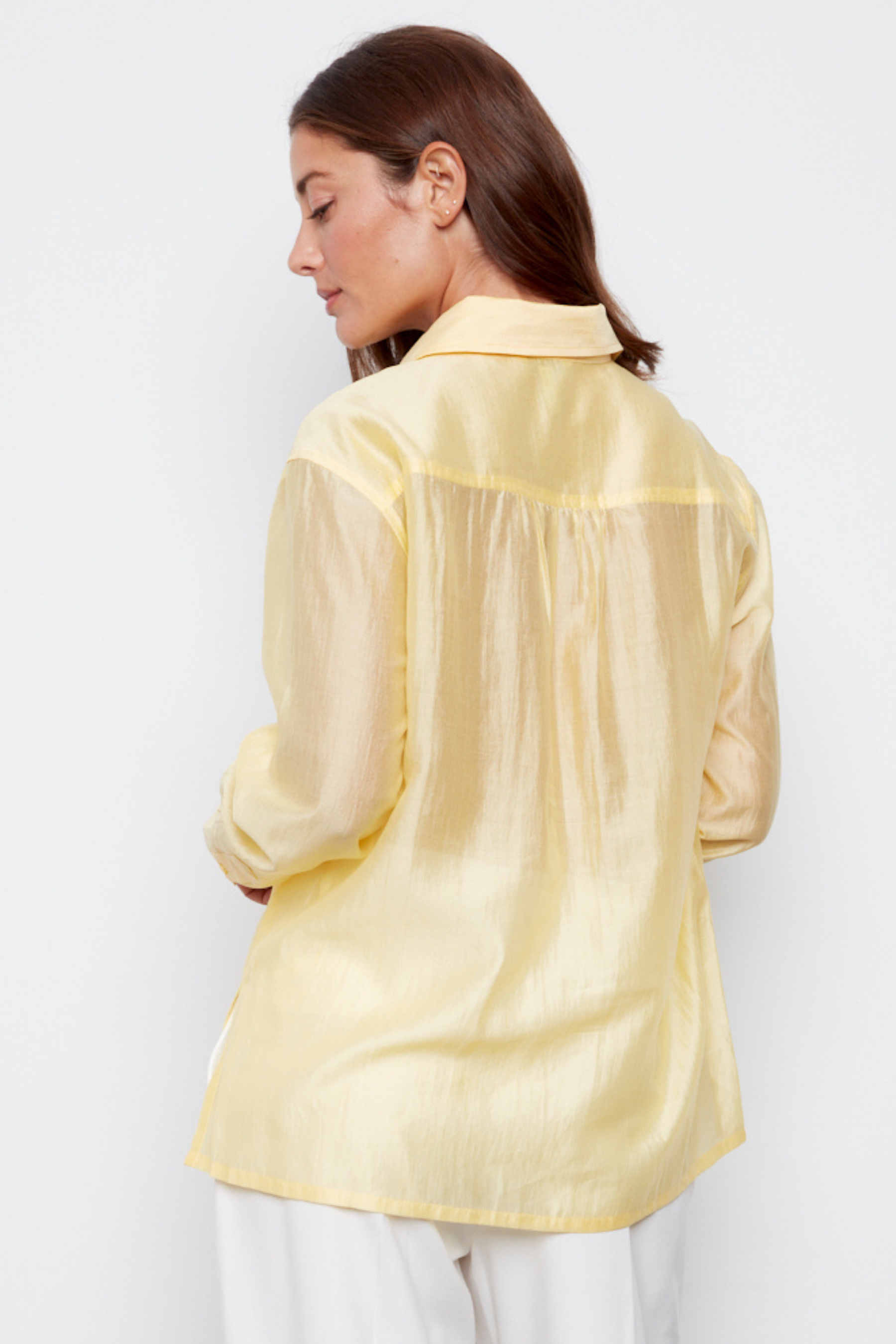 Bijou, semi-transparent button-front shirt with patch pockets and side slits