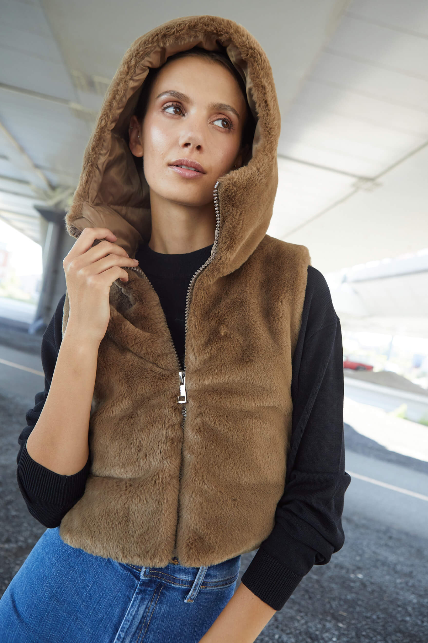 Peanut faux fur hooded down gilet w/ adjustable side buckles