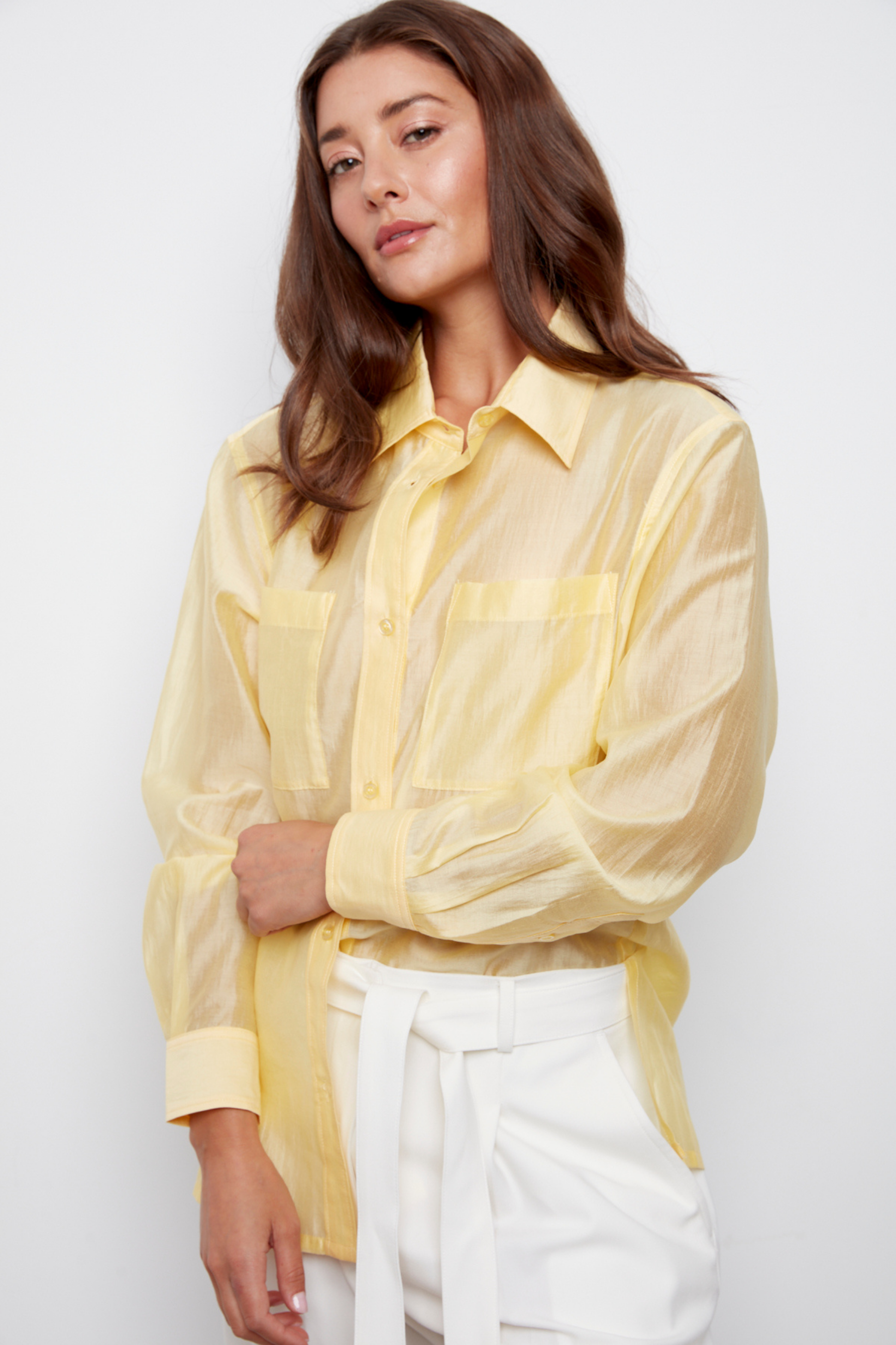 Bijou, semi-transparent button-front shirt with patch pockets and side slits