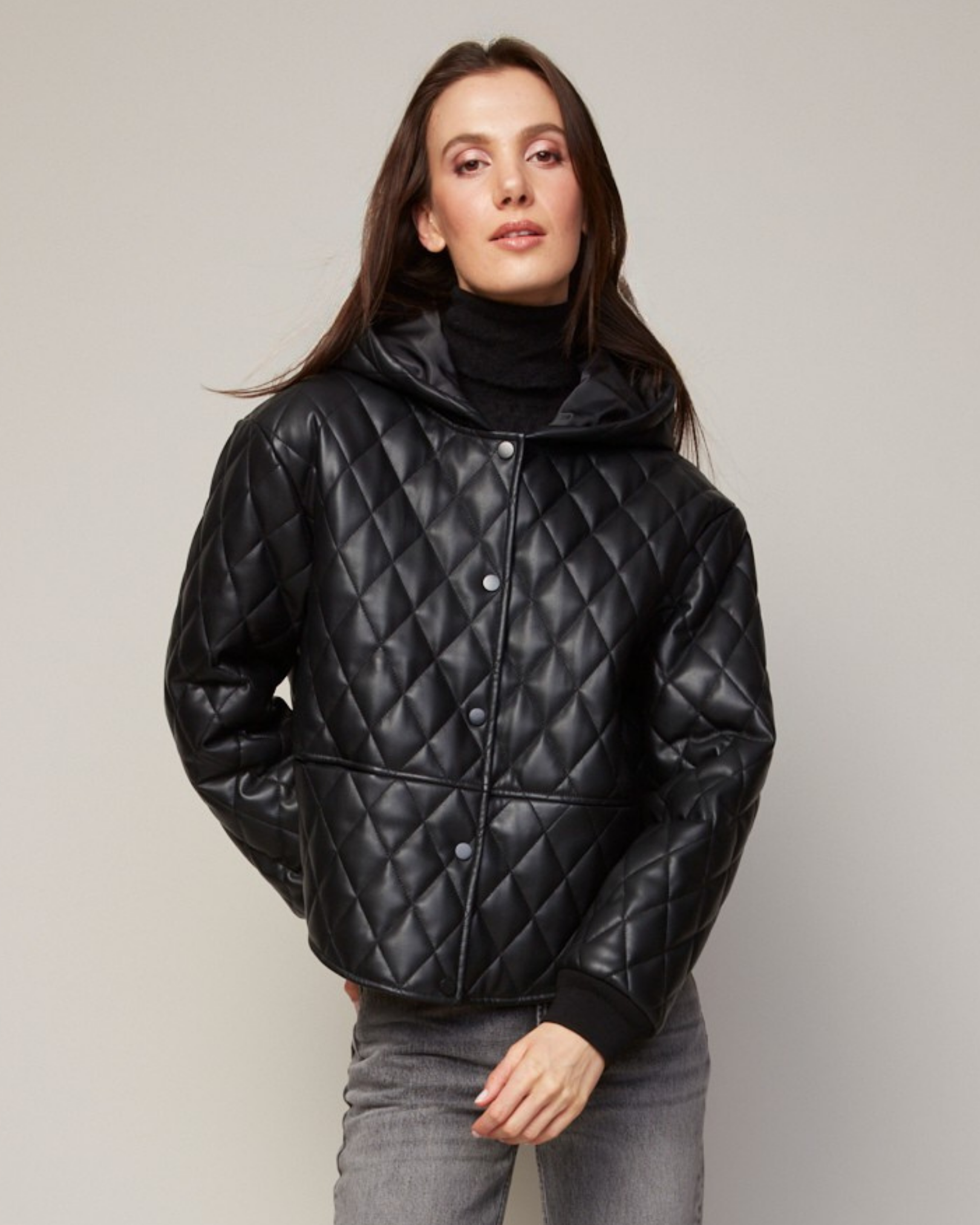 Brodie drop shoulder hooded vegan leather quilted jacket