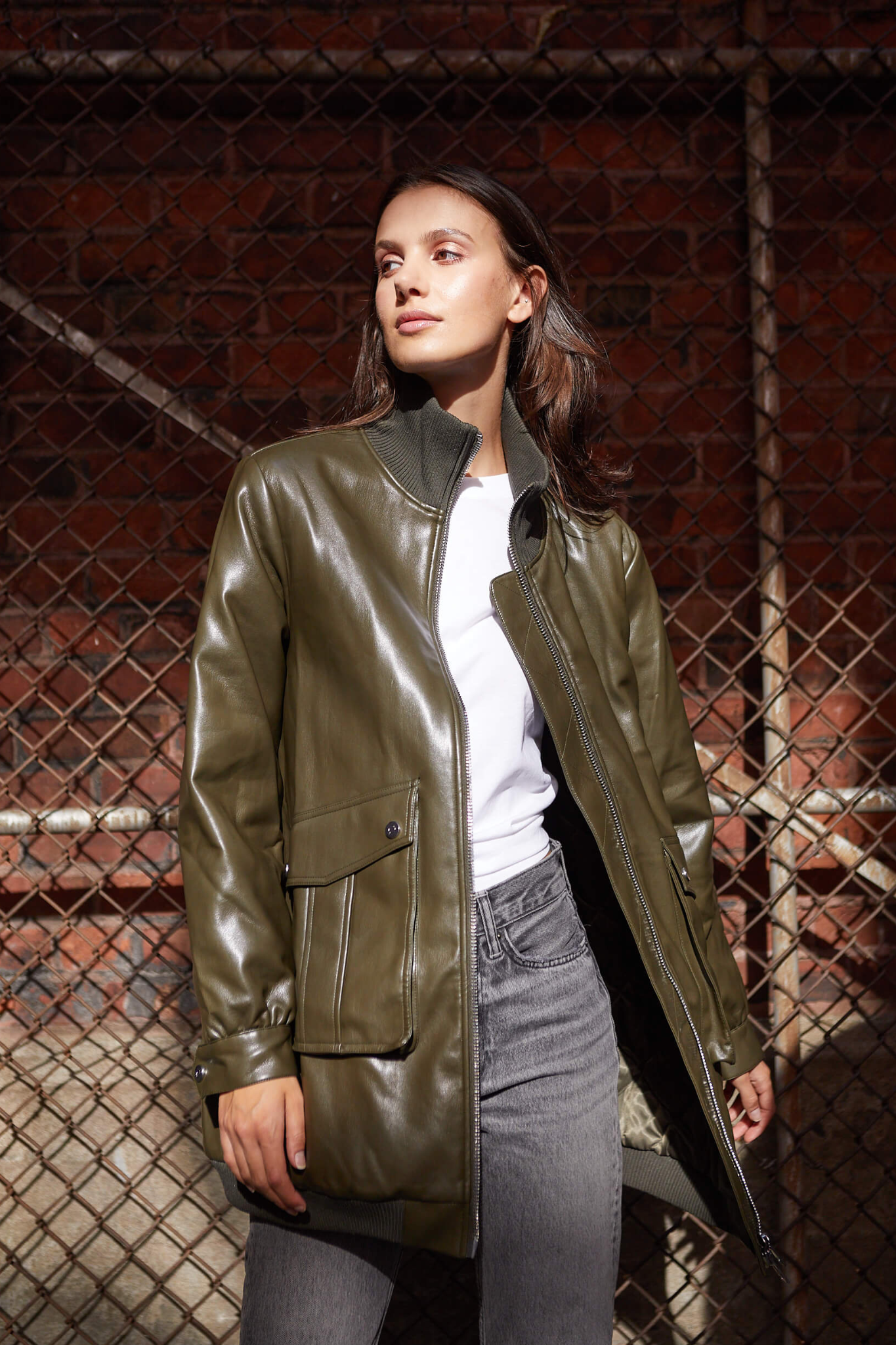 Petra long vegan leather bomber jacket w/ rib collar