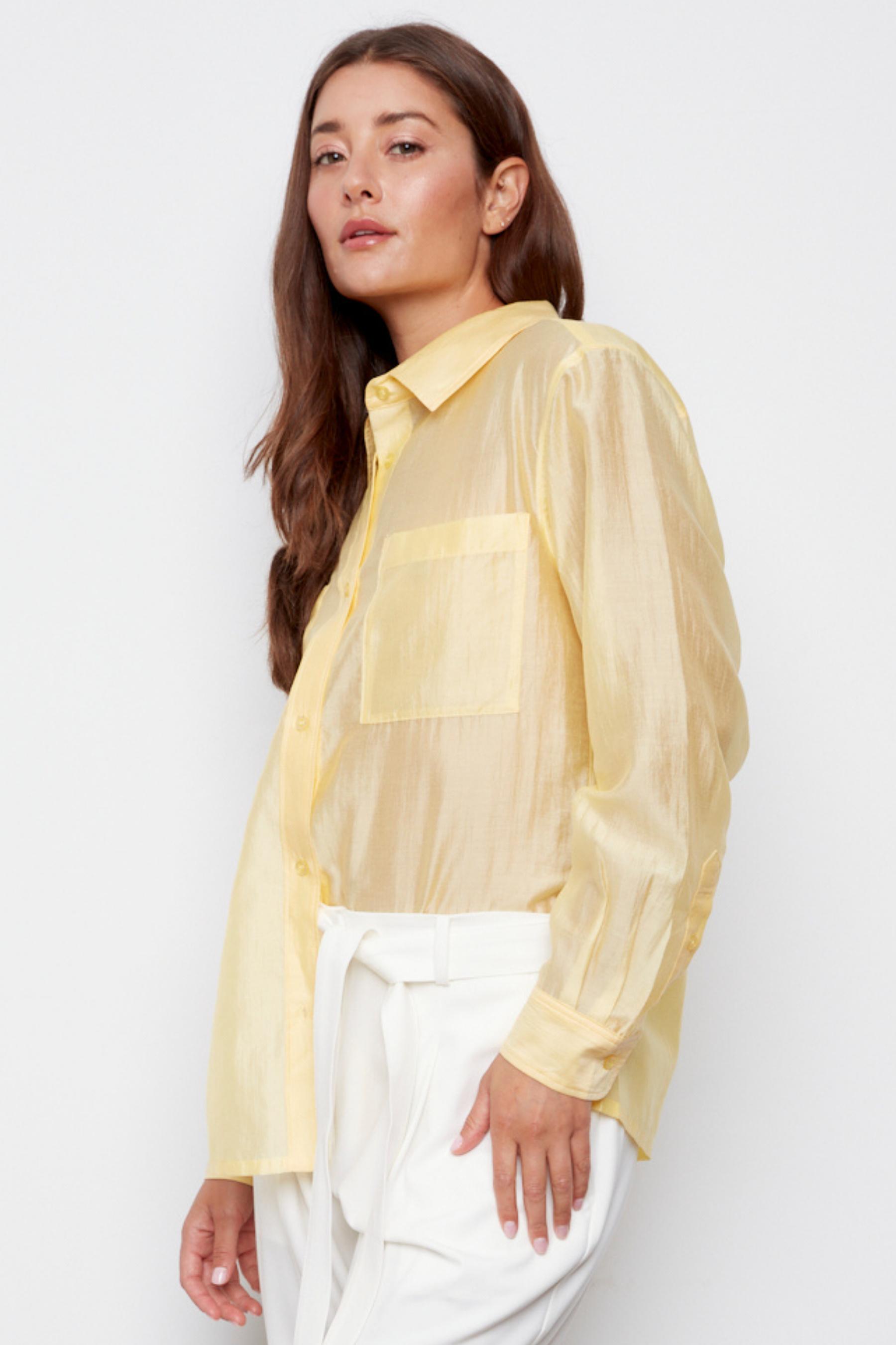 Bijou, semi-transparent button-front shirt with patch pockets and side slits