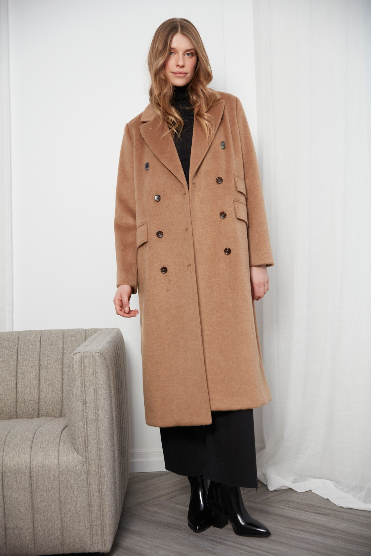 Bennett, double breasted long wool blend coat