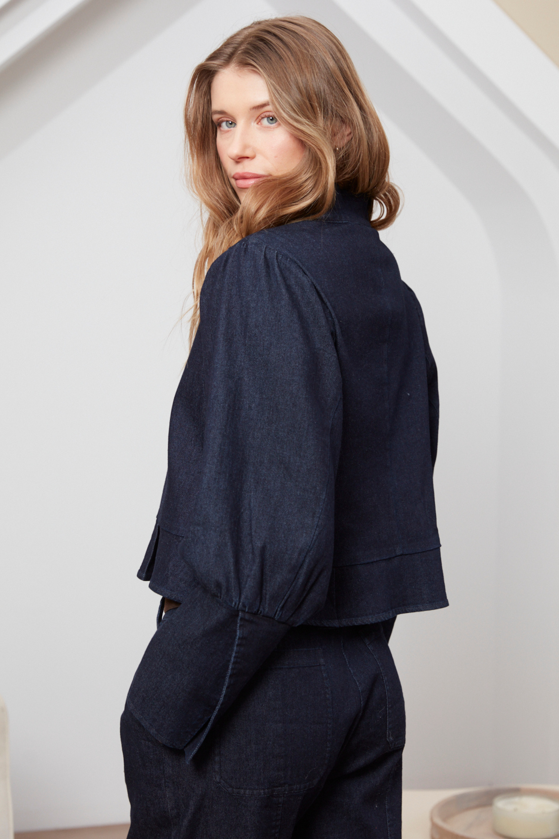 Celia, button-front short denim jacket